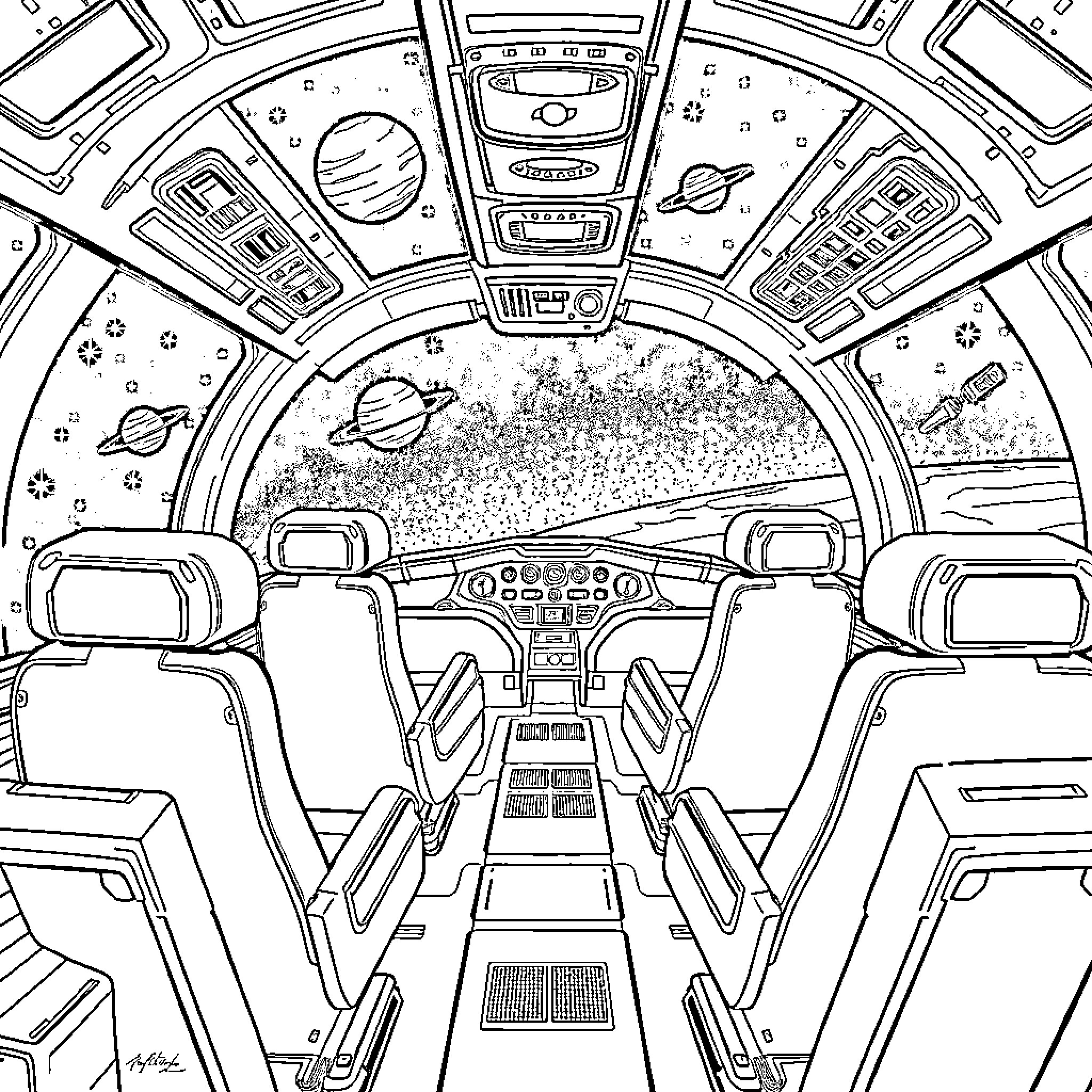 Spaceship interior with futuristic controls and views Coloring Page (free black-and-white line drawing printable PDF for all, from beginners to advanced learners, including children, teens, adults, and seniors)