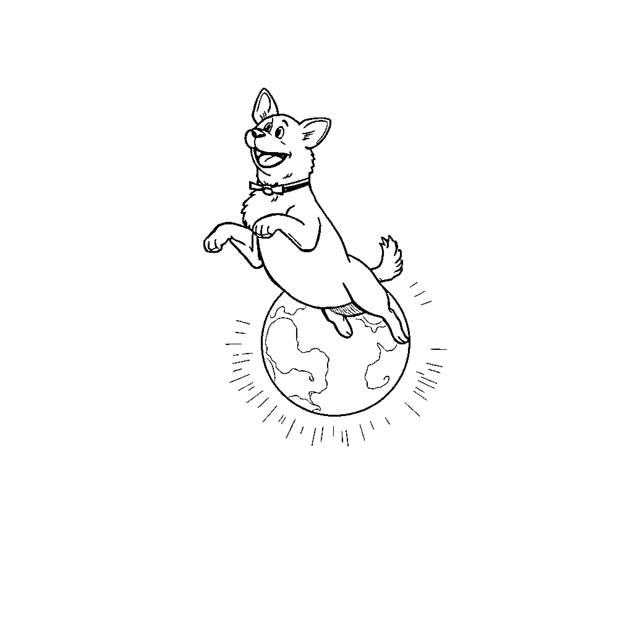 Dog exploring the world on a globe Coloring Page (free black-and-white line drawing printable PDF for all, from beginners to advanced learners, including children, teens, adults, and seniors)
