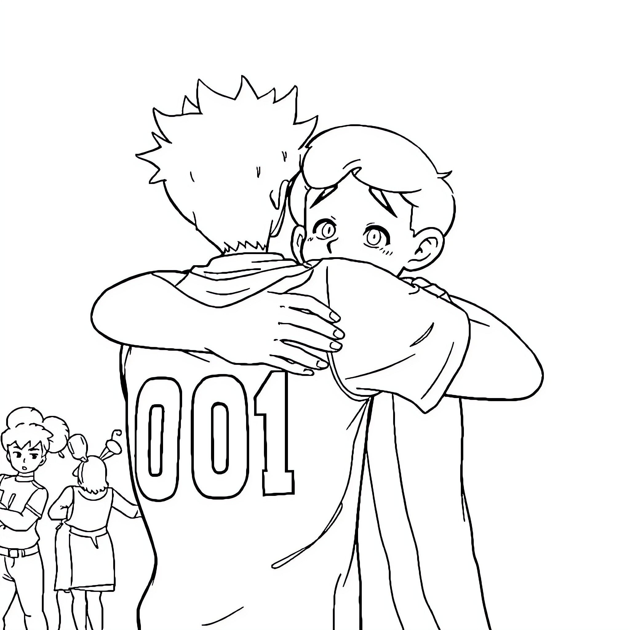 Joueur célébrant une victoire avec ses amis Coloring Page (free black-and-white line drawing printable PDF for all, from beginners to advanced learners, including children, teens, adults, and seniors)