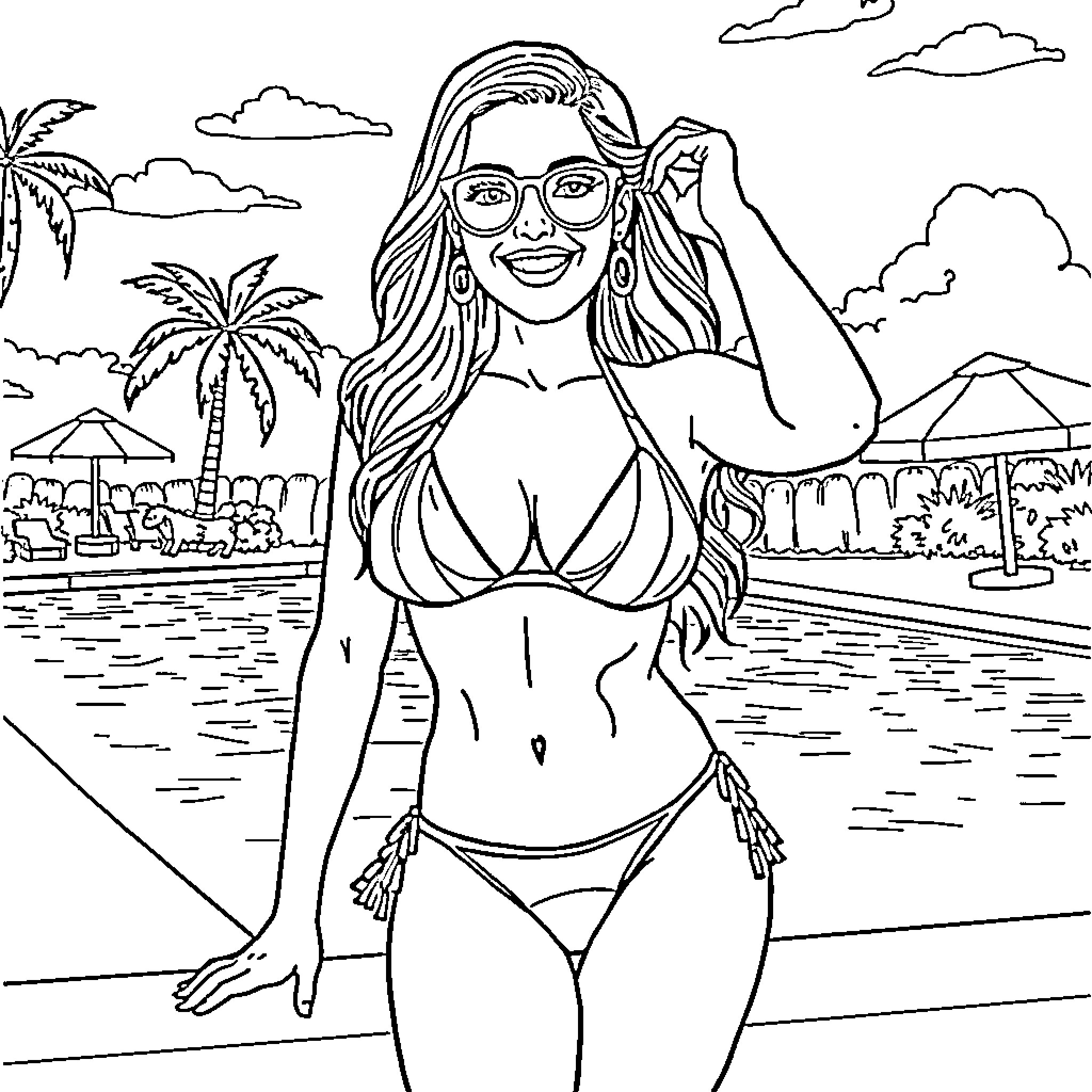 Kendra enjoys the sunny beach in her swimsuit Coloring Page (free black-and-white line drawing printable PDF for all, from beginners to advanced learners, including children, teens, adults, and seniors)