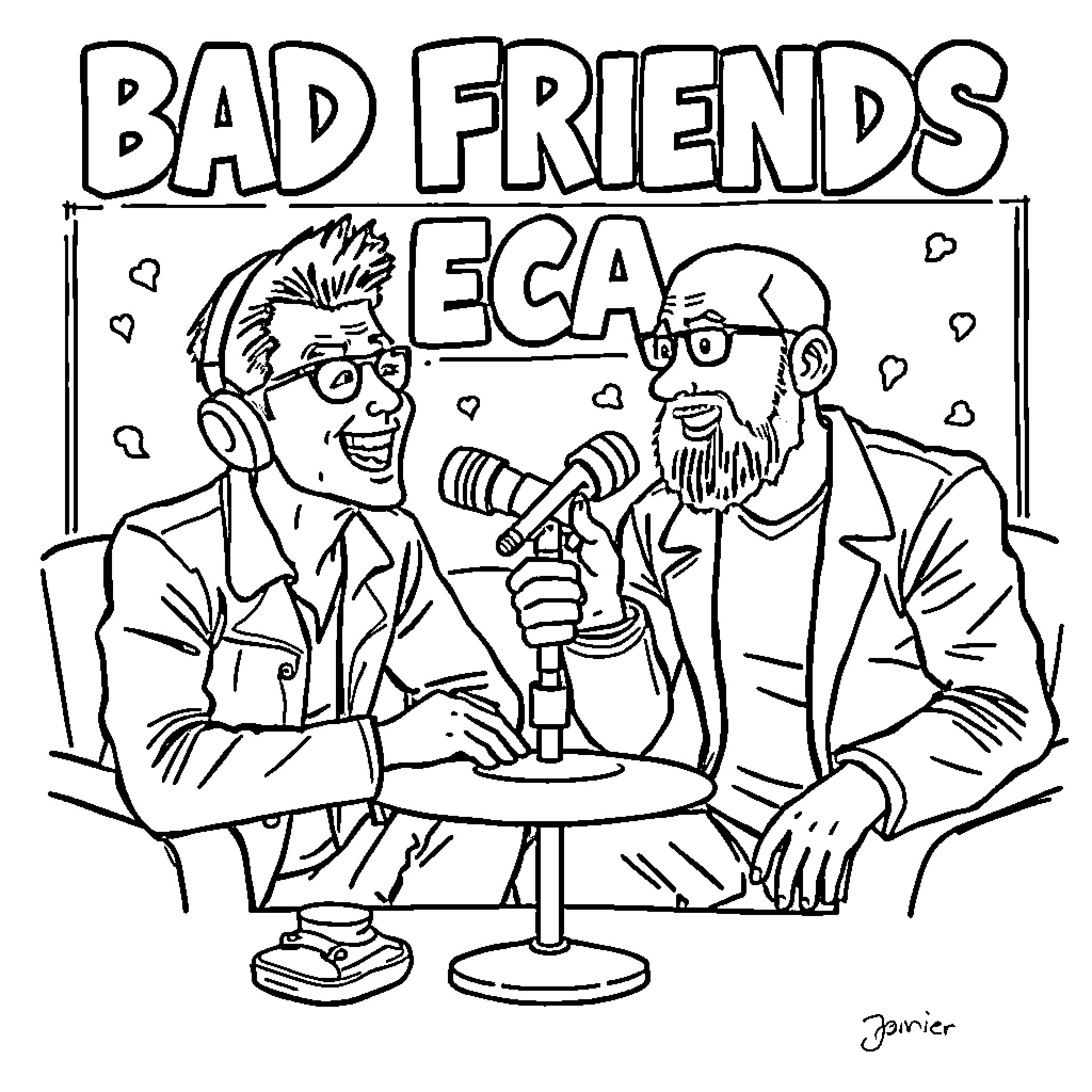 Friends goofing around at a microphone Coloring Page (free black-and-white line drawing printable PDF for all, from beginners to advanced learners, including children, teens, adults, and seniors)