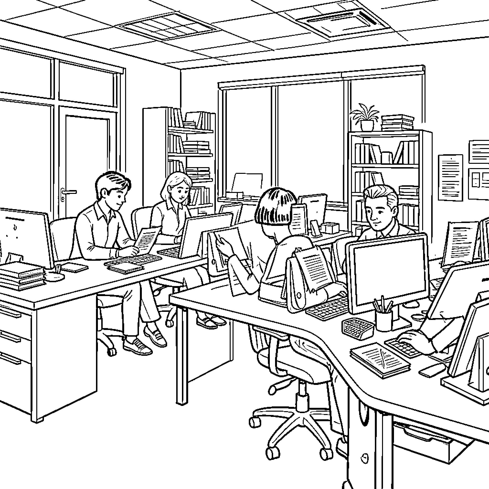 Human Resources: Employees Working Diligently in Office Coloring Page (free black-and-white line drawing printable PDF for all, from beginners to advanced learners, including children, teens, adults, and seniors)