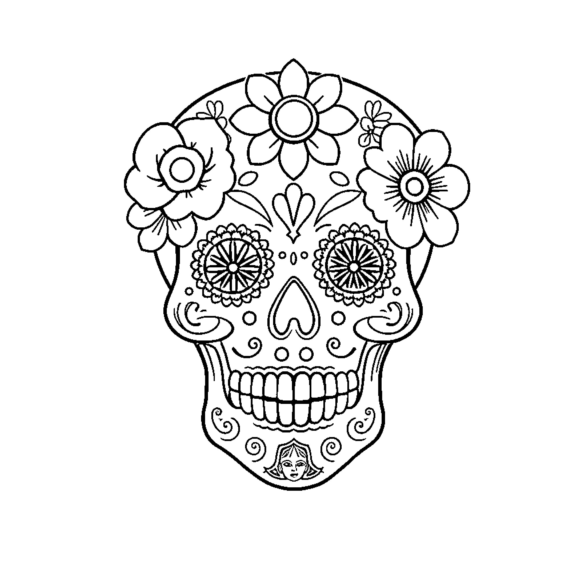 Calavera with ornate floral patterns Coloring Page (free black-and-white line drawing printable PDF for all, from beginners to advanced learners, including children, teens, adults, and seniors)