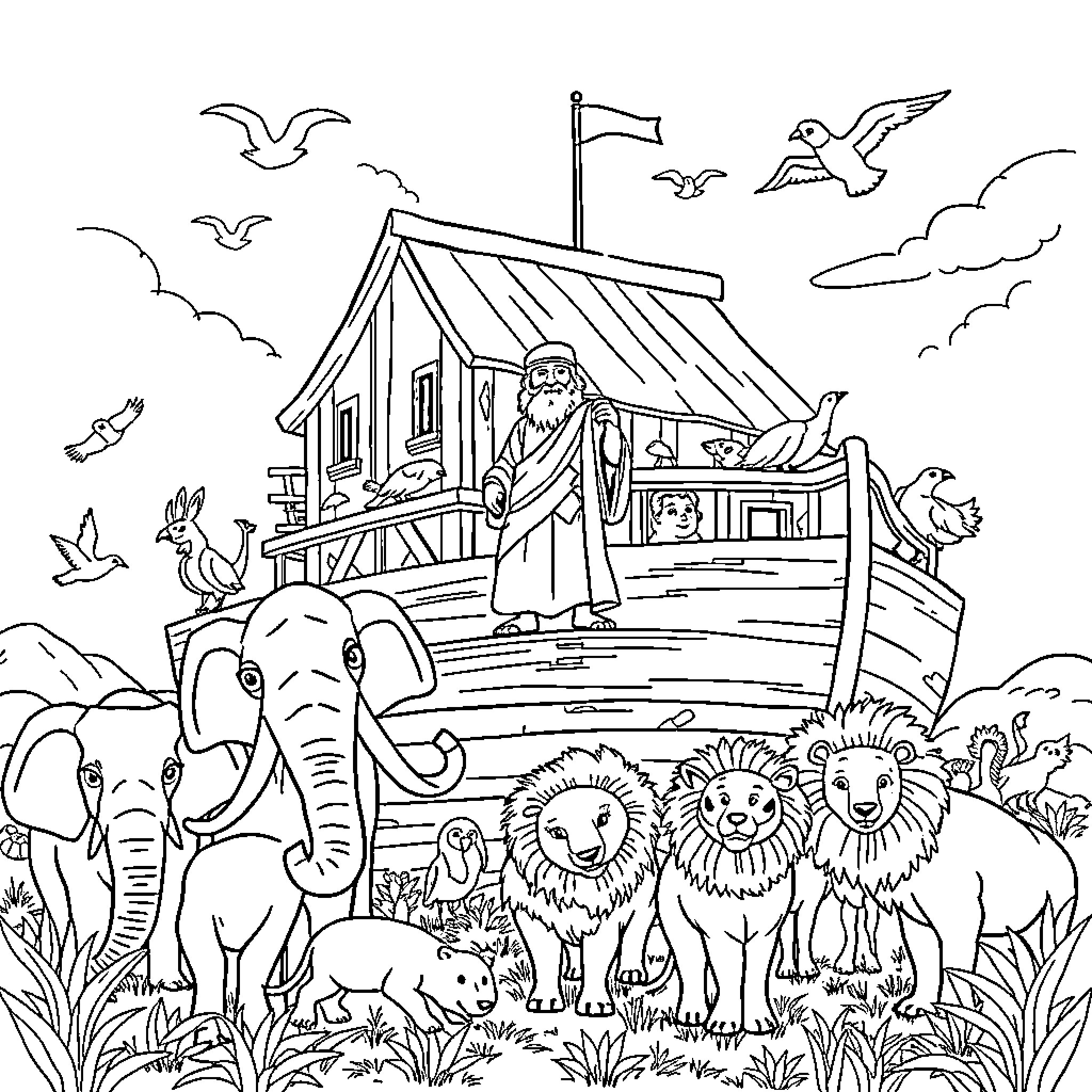 Noah's Ark Voyage with Animals in Wilderness Coloring Page (free black-and-white line drawing printable PDF for all, from beginners to advanced learners, including children, teens, adults, and seniors)