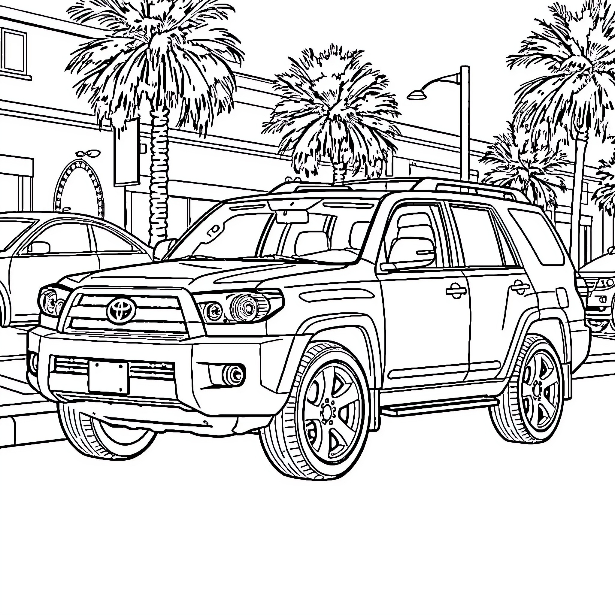 Toyota Highlander driving in a tropical city Coloring Page (free black-and-white line drawing printable PDF for all, from beginners to advanced learners, including children, teens, adults, and seniors)