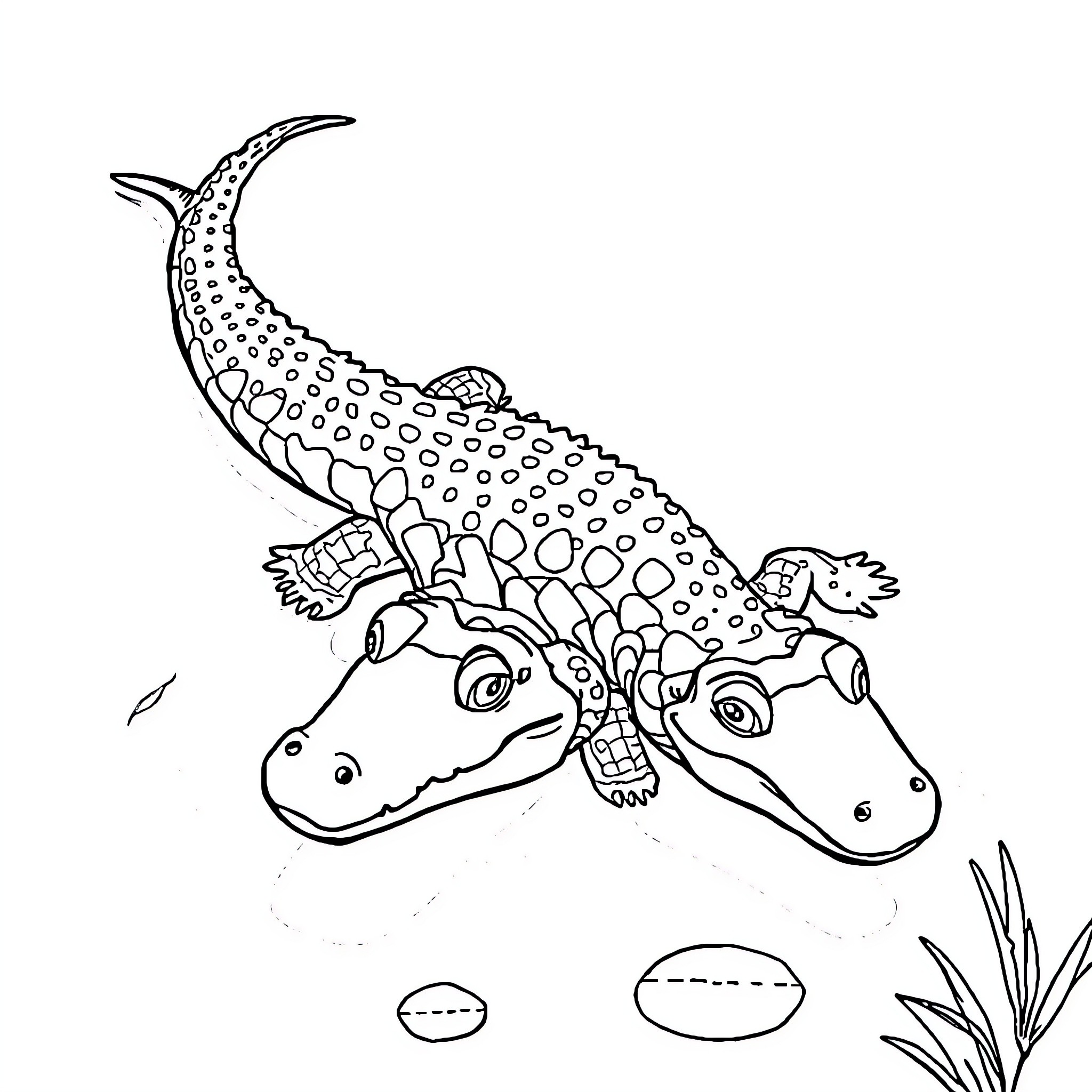 Jellygator playing in the swamp Coloring Page (free black-and-white line drawing printable PDF for all, from beginners to advanced learners, including children, teens, adults, and seniors)