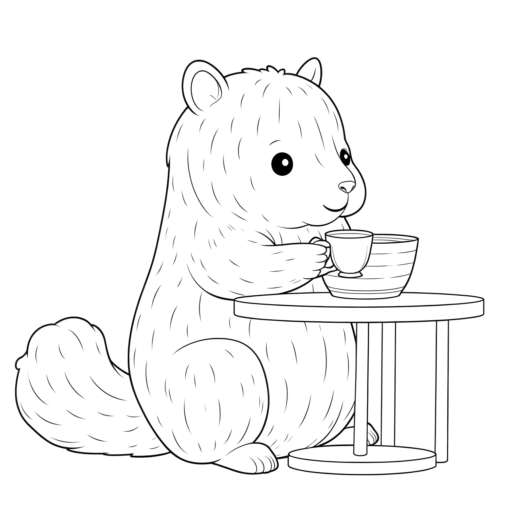Capybara enjoying a cozy cup of tea Coloring Page (free black-and-white line drawing printable PDF for all, from beginners to advanced learners, including children, teens, adults, and seniors)