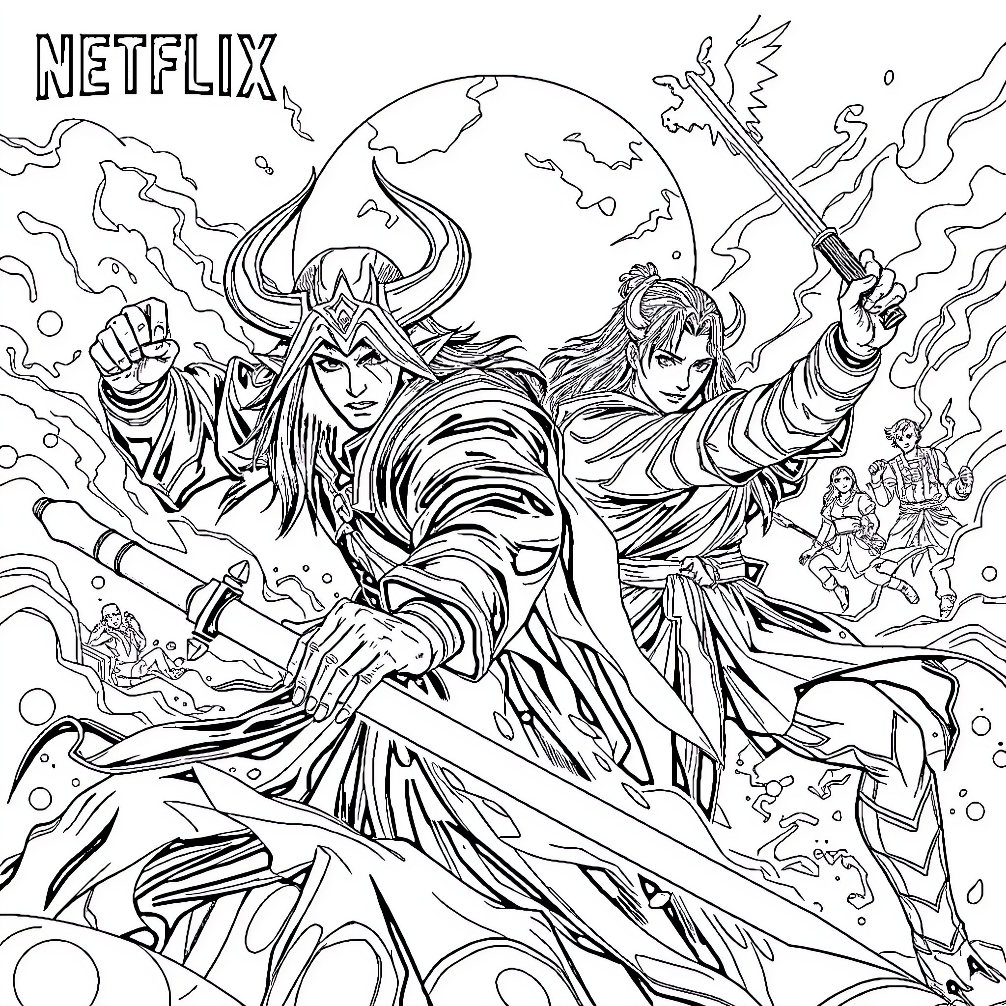 Demon Hunter Battles Fierce Enemies in Dramatic Confrontation Coloring Page (free black-and-white line drawing printable PDF for all, from beginners to advanced learners, including children, teens, adults, and seniors)
