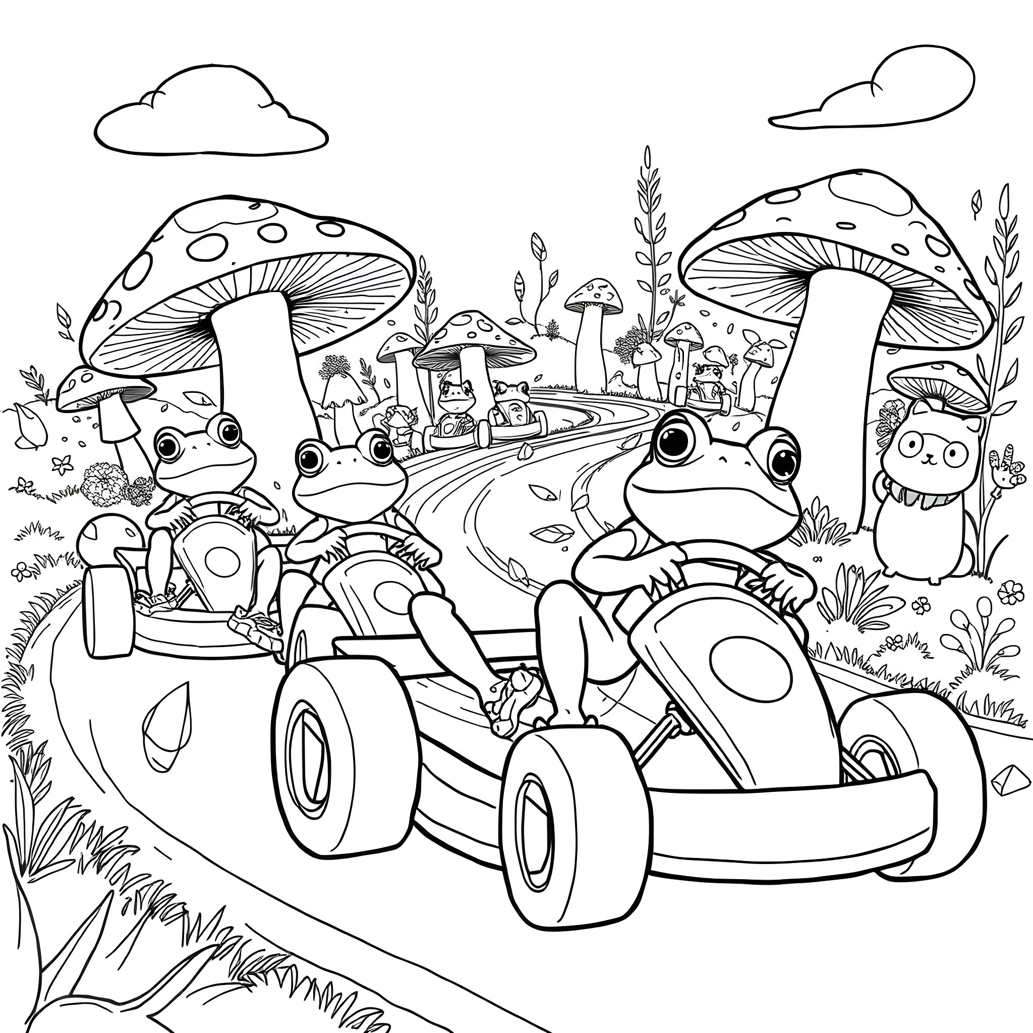Frog racers enjoying a mushroom-filled adventure Coloring Page (free black-and-white line drawing printable PDF for all, from beginners to advanced learners, including children, teens, adults, and seniors)