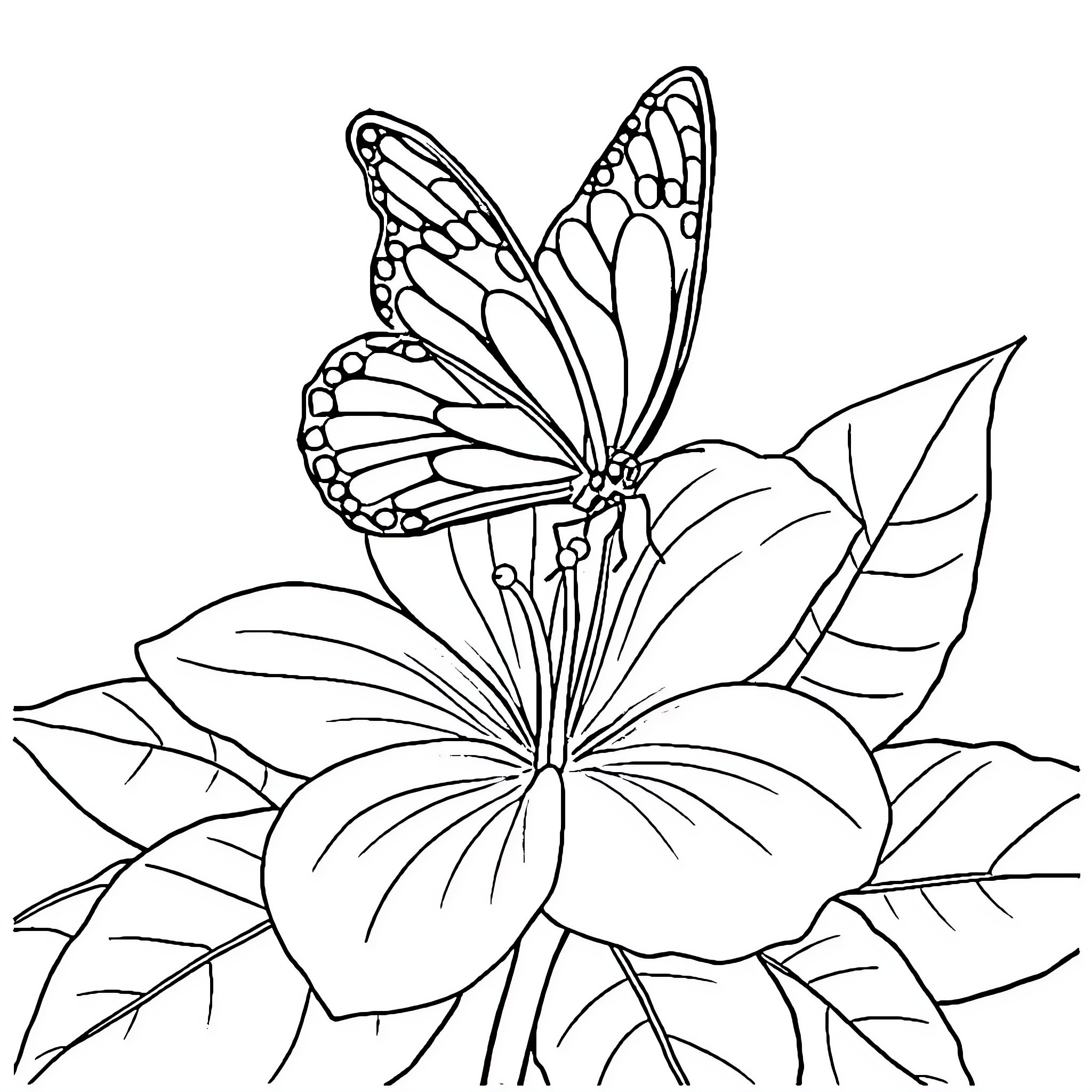 Butterfly resting on a detailed flower Coloring Page (free black-and-white line drawing printable PDF for all, from beginners to advanced learners, including children, teens, adults, and seniors)