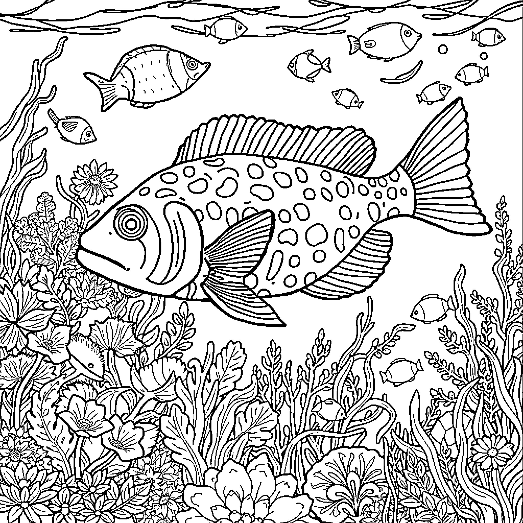 Axolotl swimming through vibrant underwater garden Coloring Page (free black-and-white line drawing printable PDF for all, from beginners to advanced learners, including children, teens, adults, and seniors)