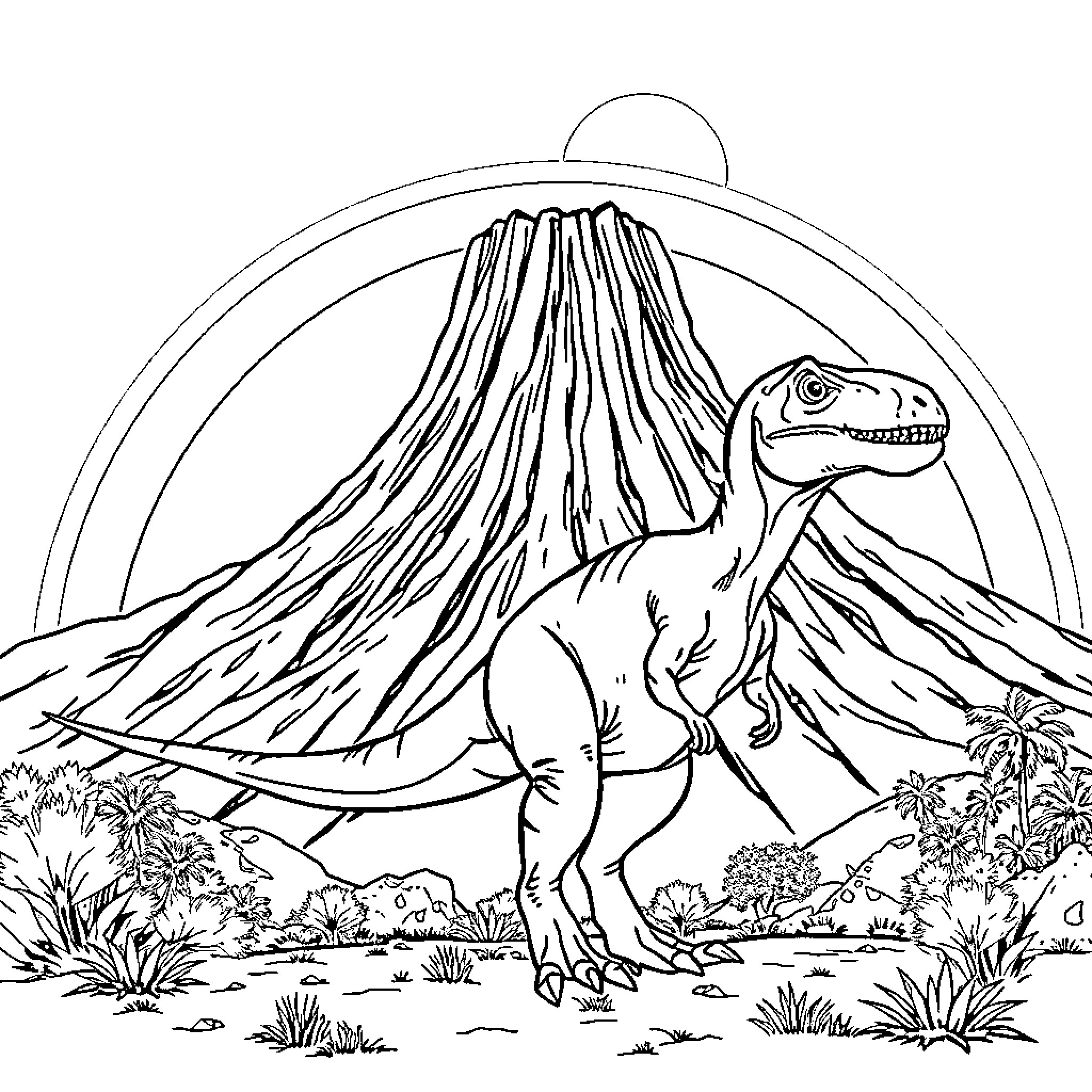 Velociraptor exploring a prehistoric landscape Coloring Page (free black-and-white line drawing printable PDF for all, from beginners to advanced learners, including children, teens, adults, and seniors)