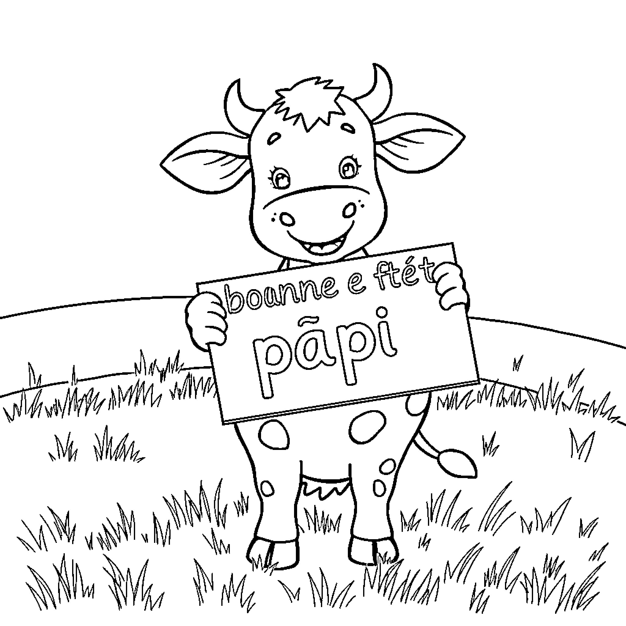 Cow holding a sign for Papa Coloring Page (free black-and-white line drawing printable PDF for all, from beginners to advanced learners, including children, teens, adults, and seniors)