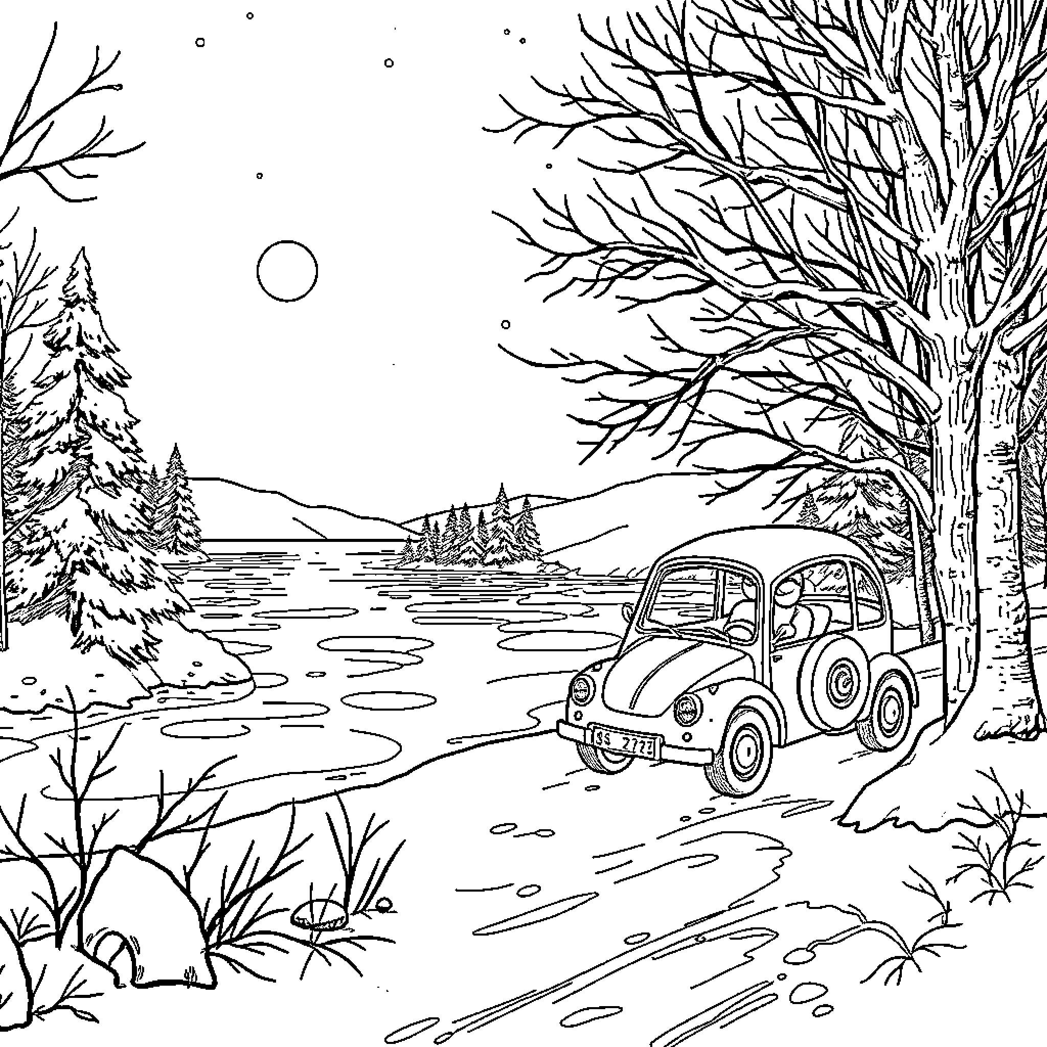 Poudlard's Snowy Woodland Journey Coloring Page (free black-and-white line drawing printable PDF for all, from beginners to advanced learners, including children, teens, adults, and seniors)