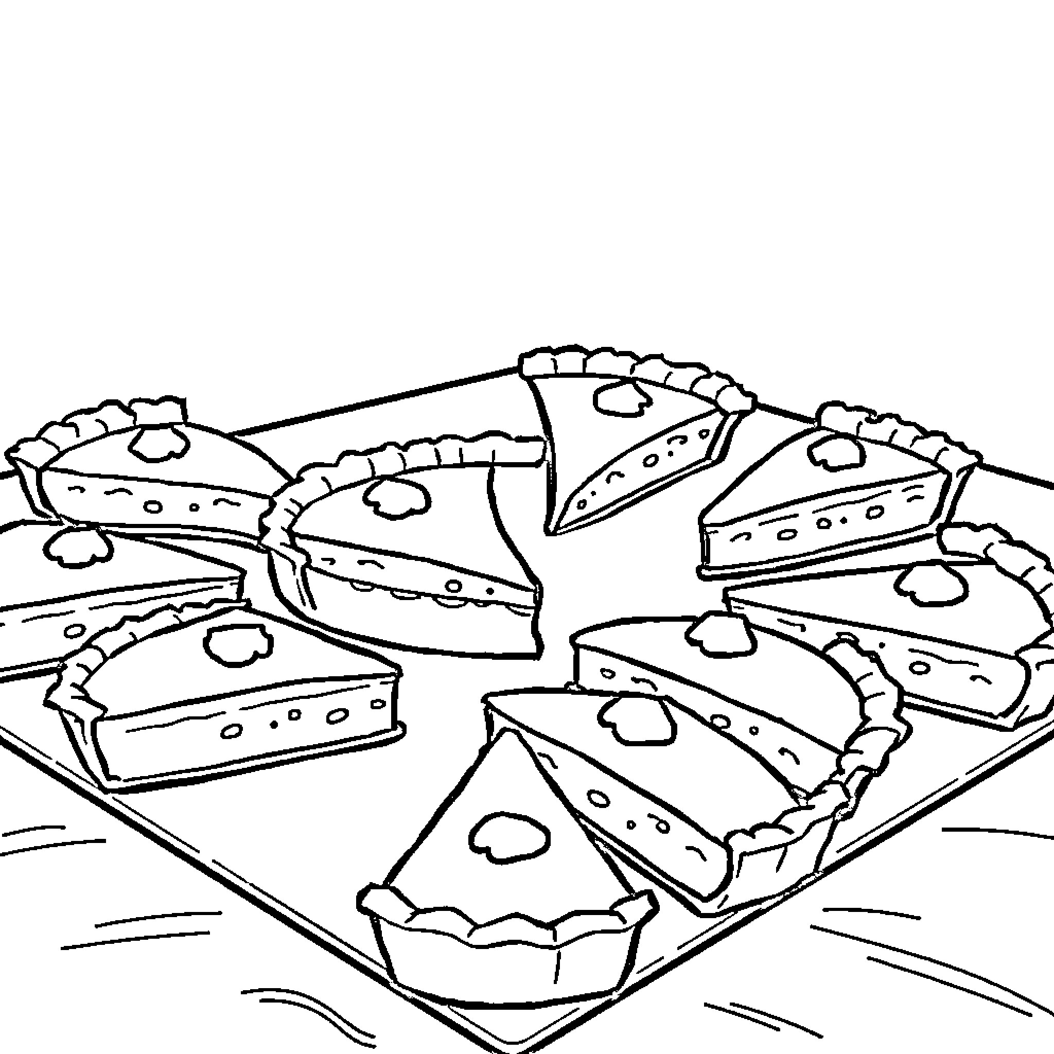Pie Slices Arranged on a Platter Coloring Page (free black-and-white line drawing printable PDF for all, from beginners to advanced learners, including children, teens, adults, and seniors)