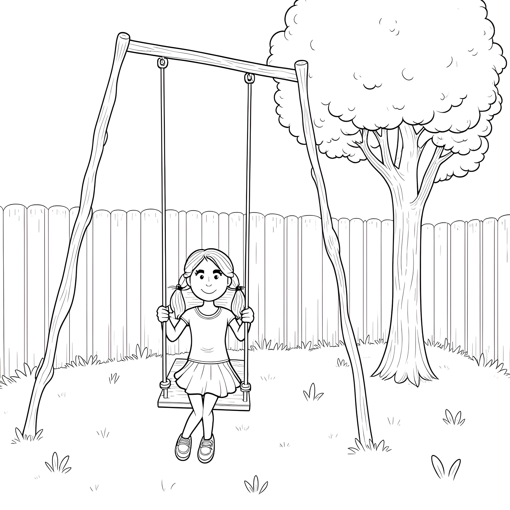 Girl swinging joyfully in the park Coloring Page (free black-and-white line drawing printable PDF for all, from beginners to advanced learners, including children, teens, adults, and seniors)