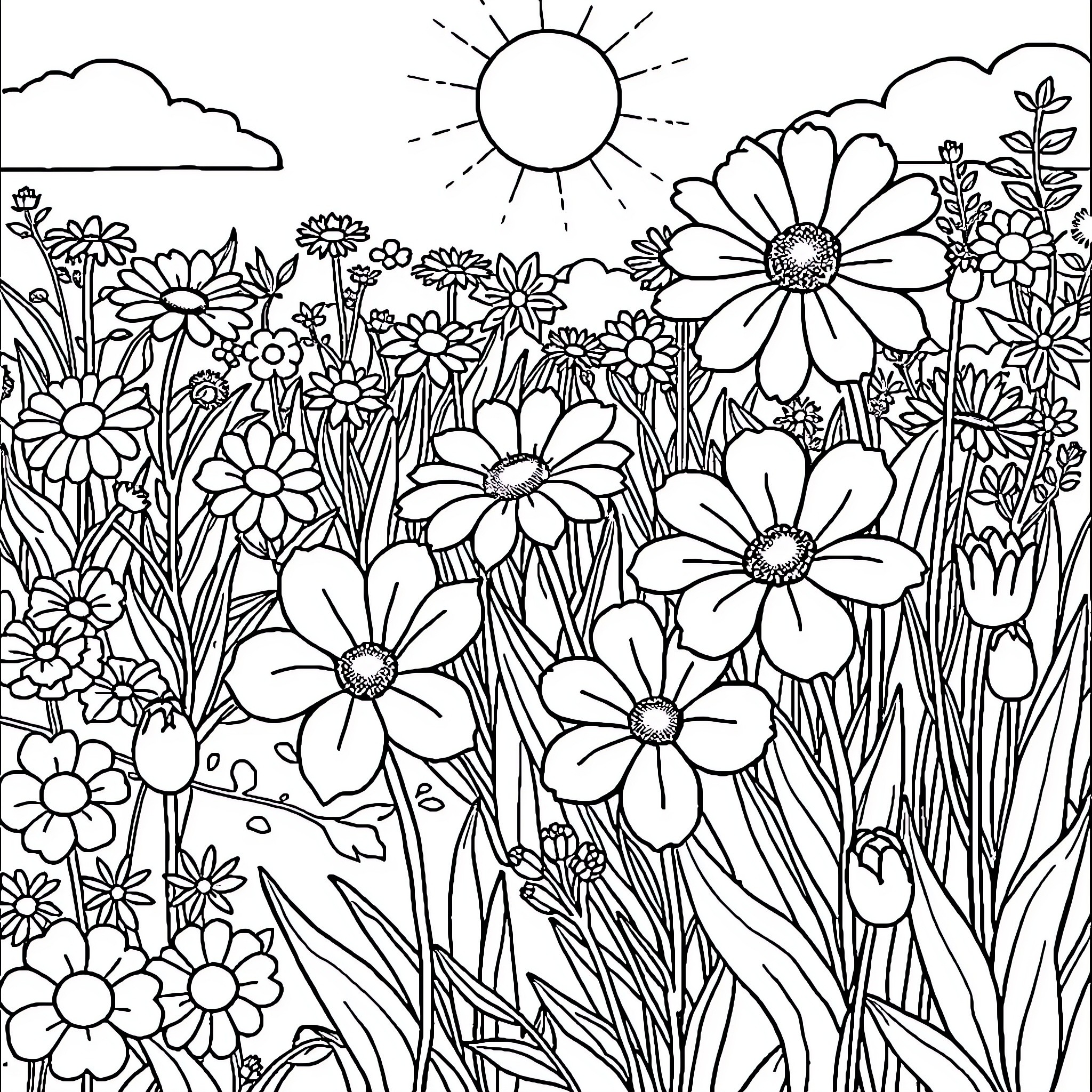 Flower Garden in Bloom on a Sunny Day Coloring Page (free black-and-white line drawing printable PDF for all, from beginners to advanced learners, including children, teens, adults, and seniors)