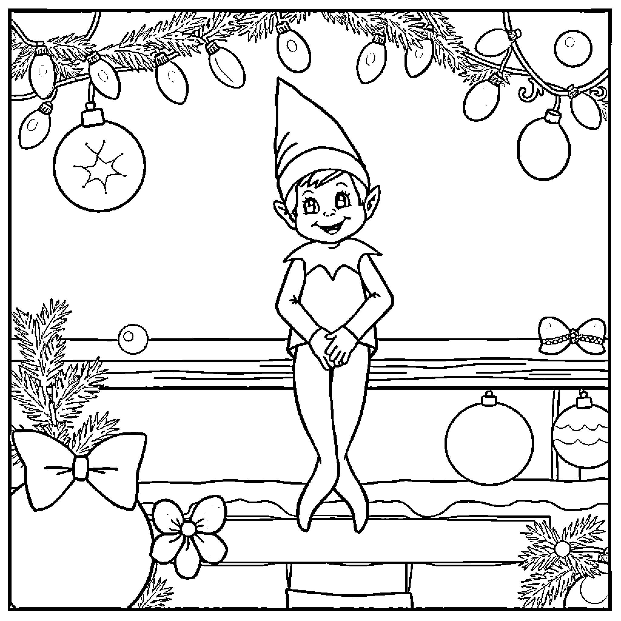 Elf decorating for the holidays Coloring Page (free black-and-white line drawing printable PDF for all, from beginners to advanced learners, including children, teens, adults, and seniors)