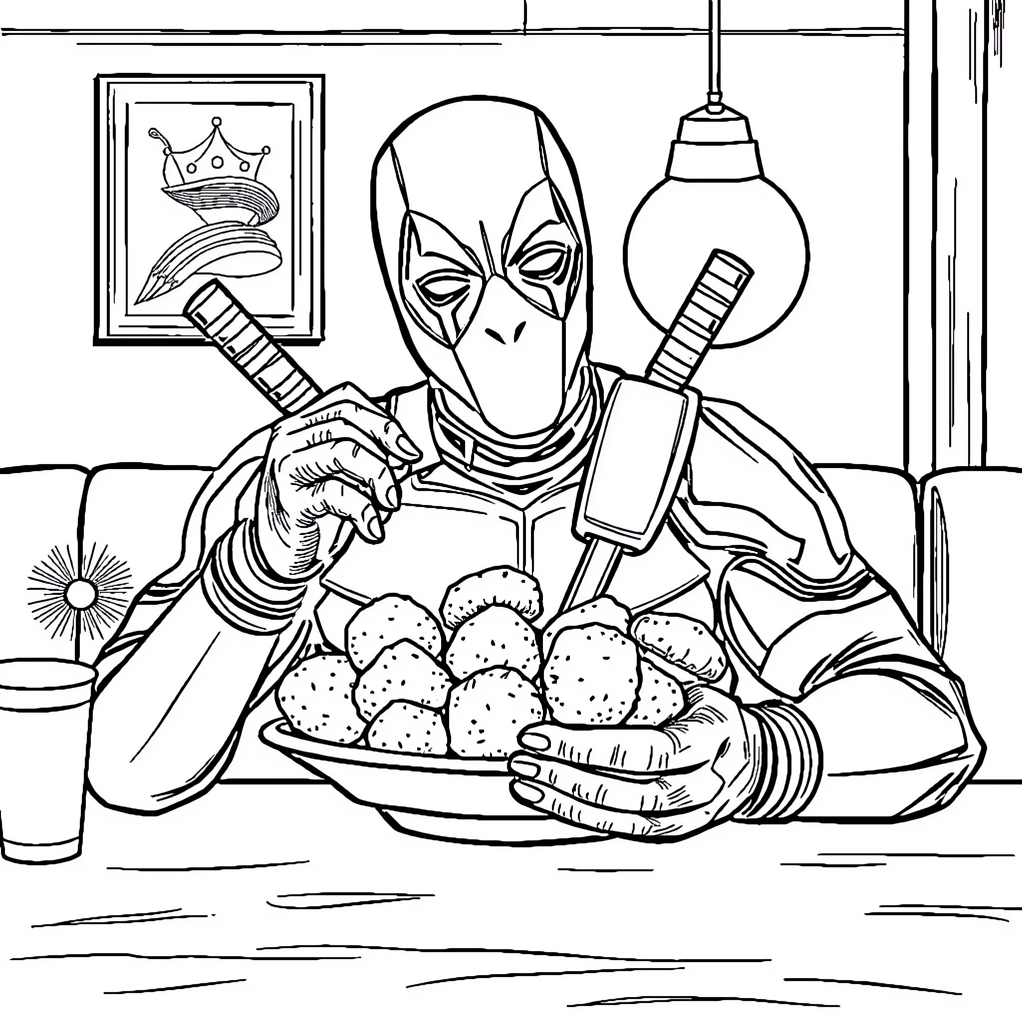 Deadpool Enjoying a Homemade Meal Coloring Page (free black-and-white line drawing printable PDF for all, from beginners to advanced learners, including children, teens, adults, and seniors)