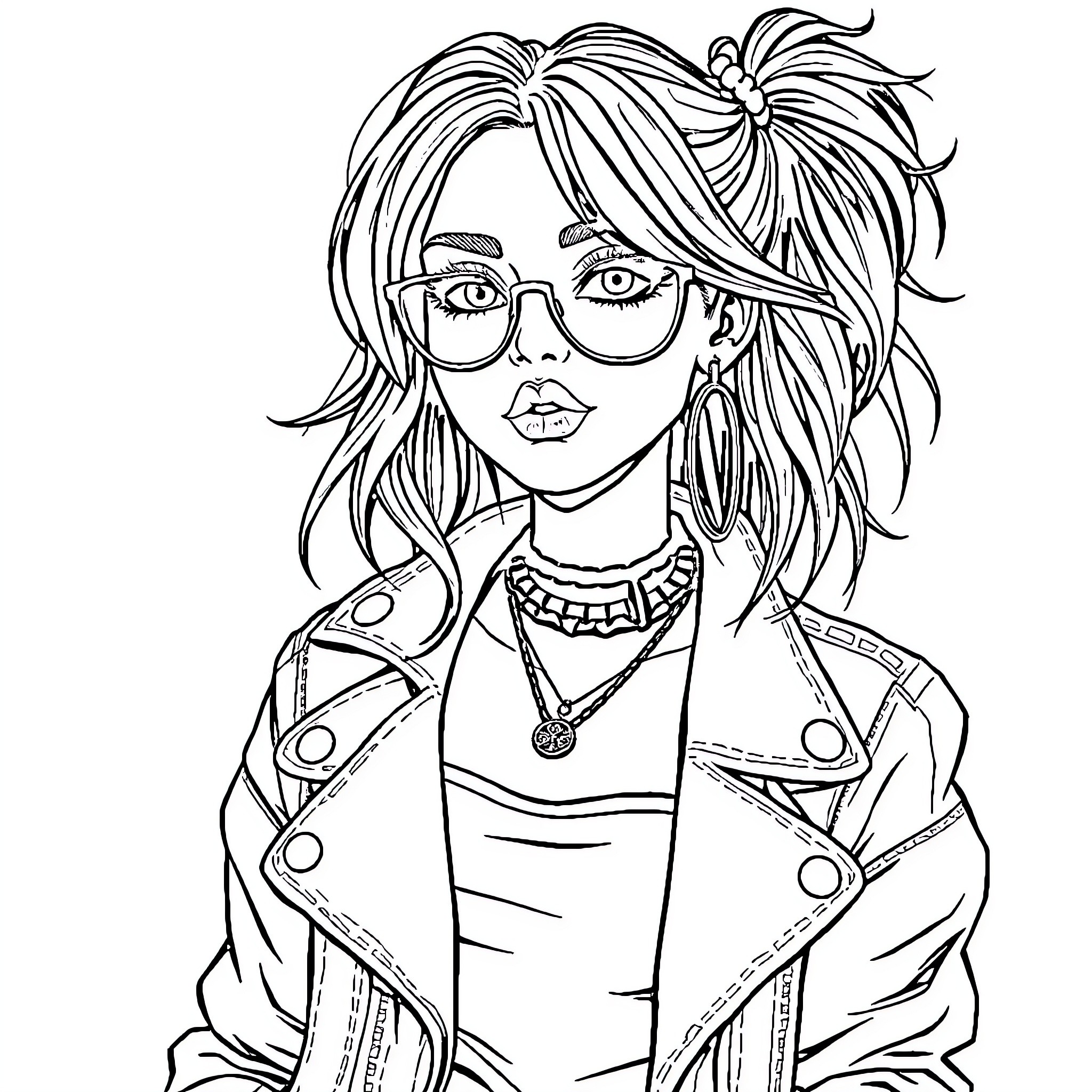 Alt Girl in Edgy Outfit and Hairstyle Coloring Page (free black-and-white line drawing printable PDF for all, from beginners to advanced learners, including children, teens, adults, and seniors)