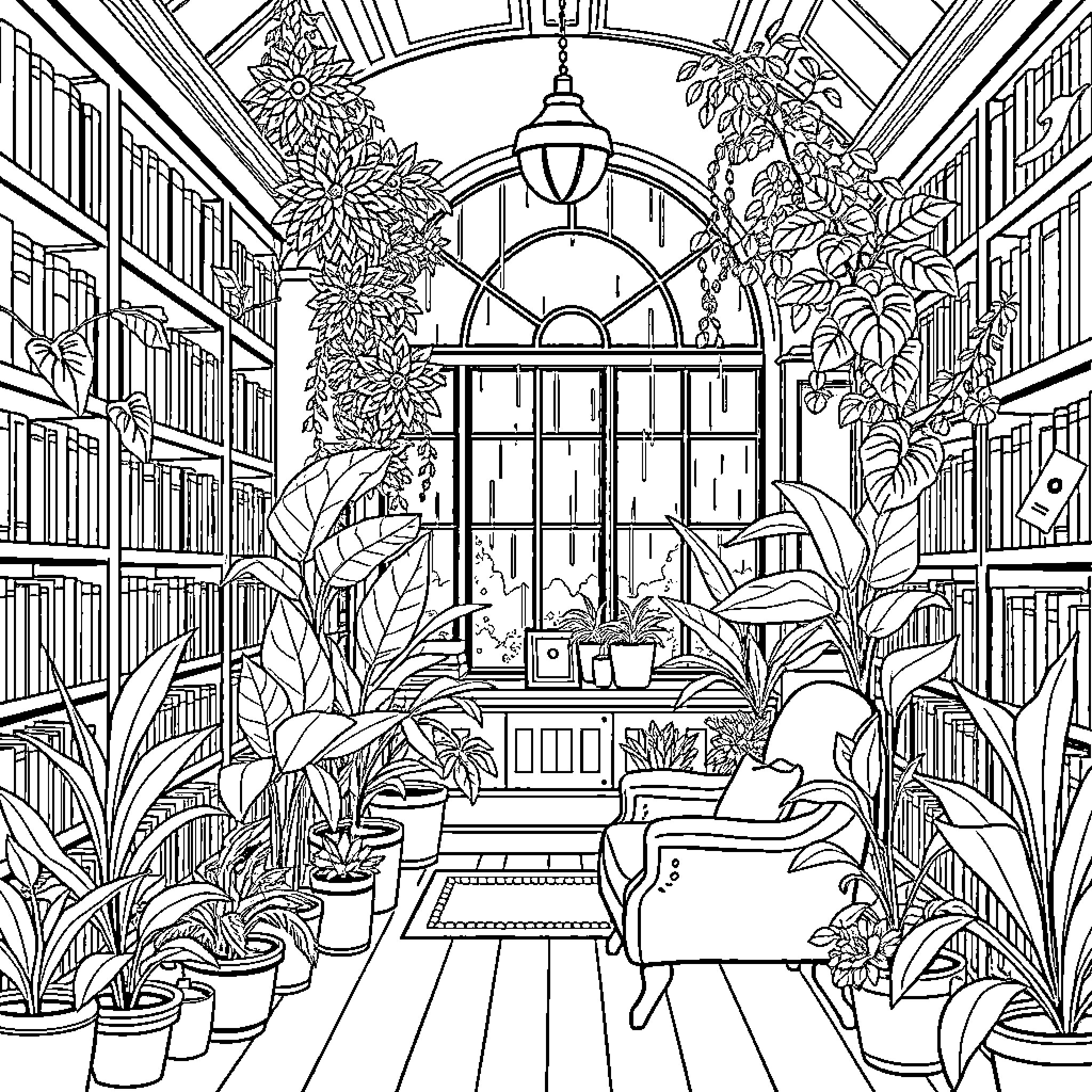 Library of Lush Greenery and Cozy Atmosphere Coloring Page (free black-and-white line drawing printable PDF for all, from beginners to advanced learners, including children, teens, adults, and seniors)