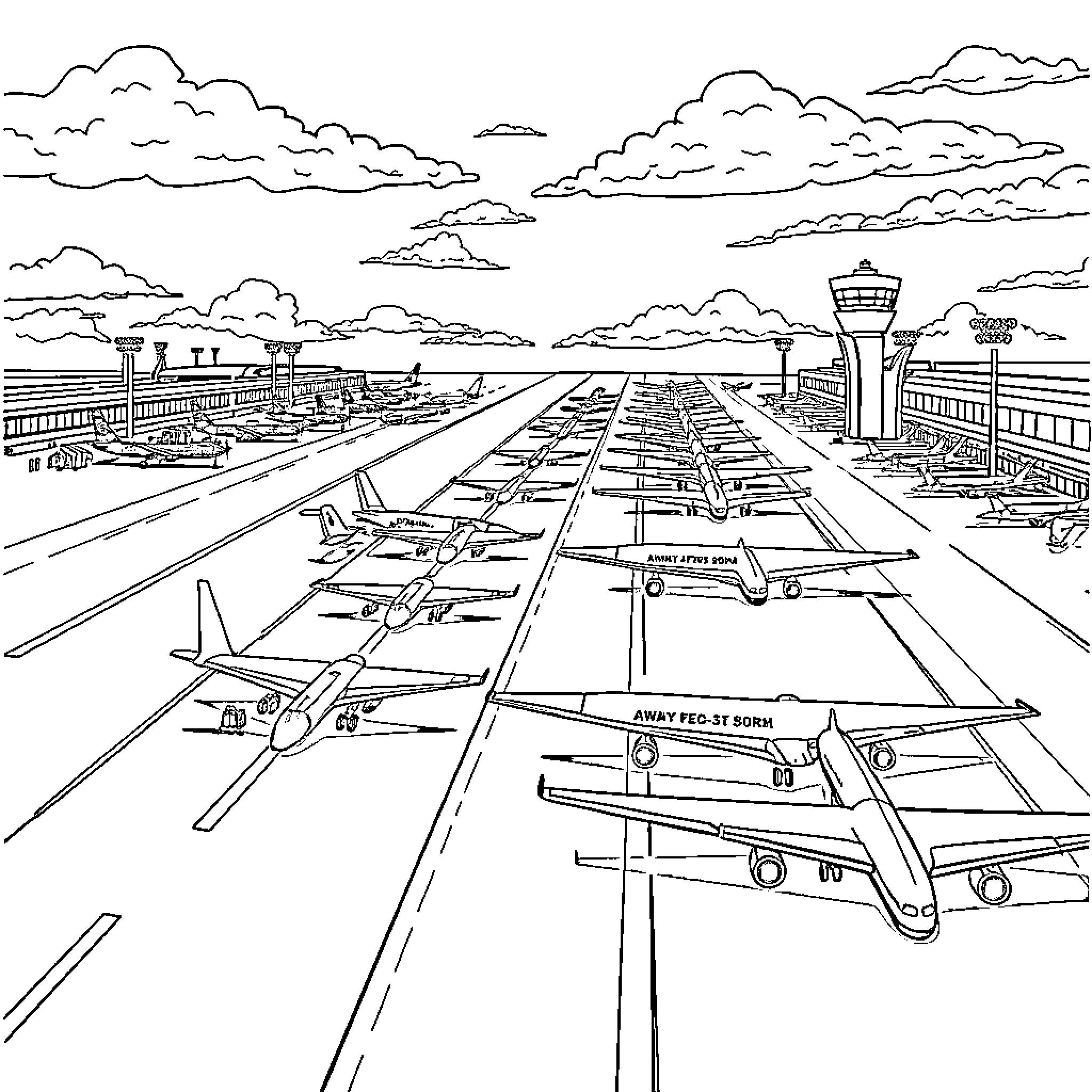 Aeroplane on busy airport tarmac Coloring Page (free black-and-white line drawing printable PDF for all, from beginners to advanced learners, including children, teens, adults, and seniors)