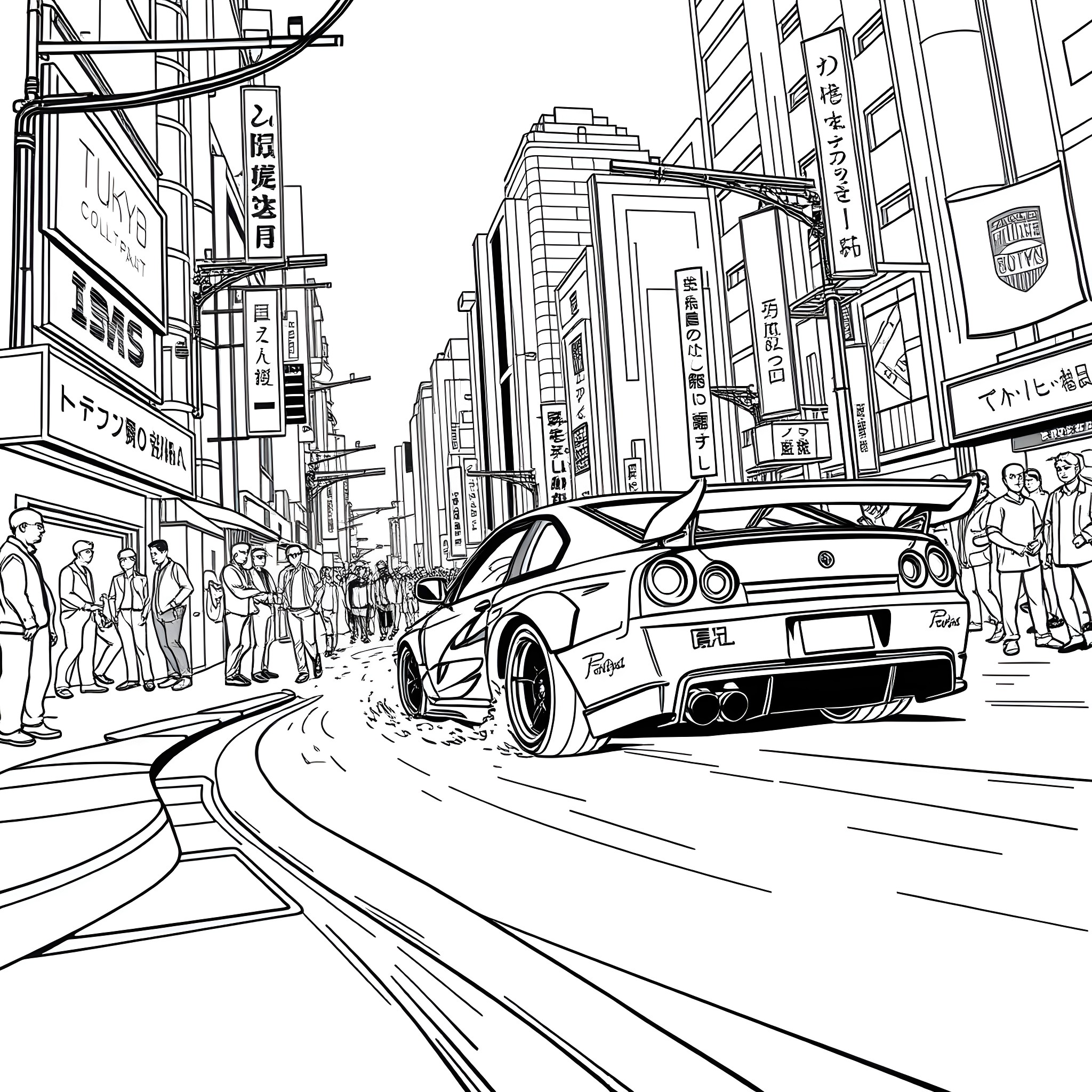 Tokyo Drift: High-Speed Chase in Neon-Lit City Coloring Page (free black-and-white line drawing printable PDF for all, from beginners to advanced learners, including children, teens, adults, and seniors)