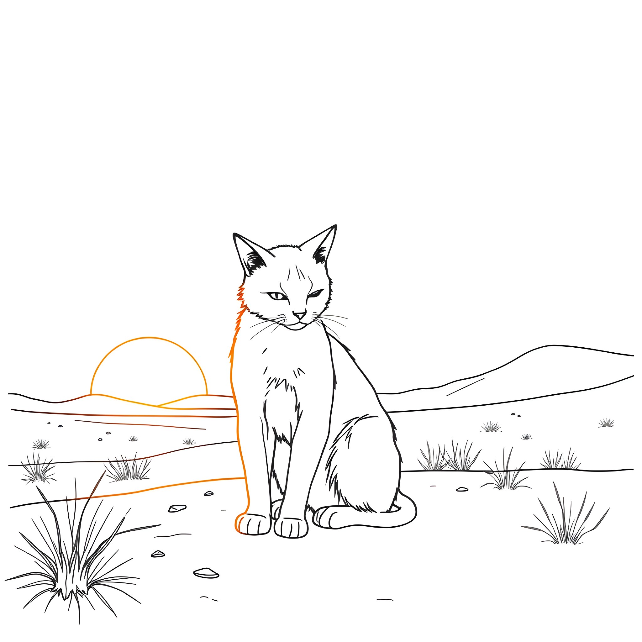 Cat in the desert landscape Coloring Page (free black-and-white line drawing printable PDF for all, from beginners to advanced learners, including children, teens, adults, and seniors)