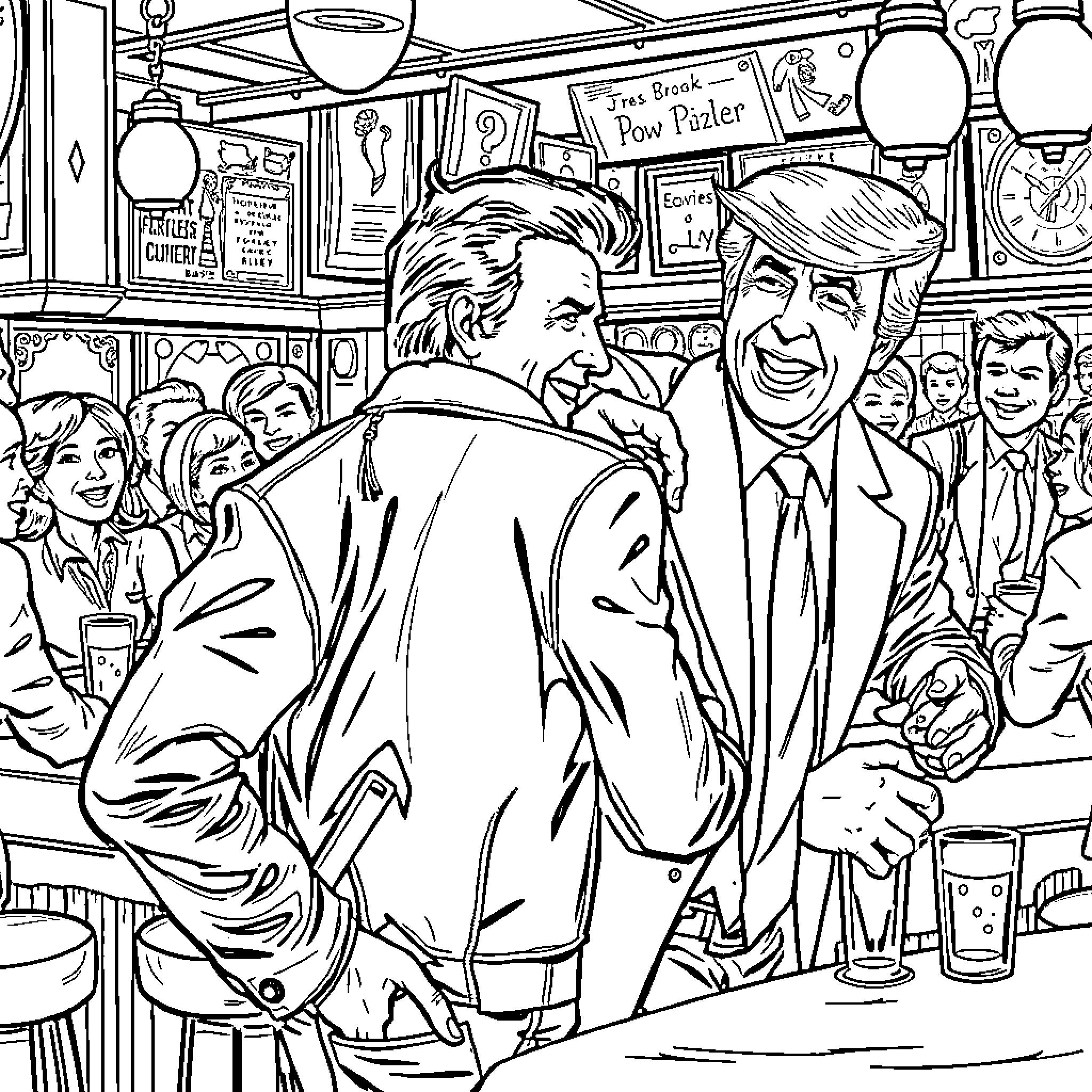Fonzie's Lively Celebration at the Diner Coloring Page (free black-and-white line drawing printable PDF for all, from beginners to advanced learners, including children, teens, adults, and seniors)