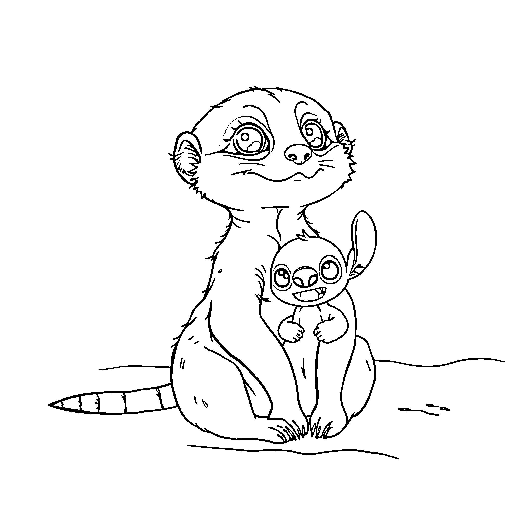 Meerkat friends enjoying their day Coloring Page (free black-and-white line drawing printable PDF for all, from beginners to advanced learners, including children, teens, adults, and seniors)