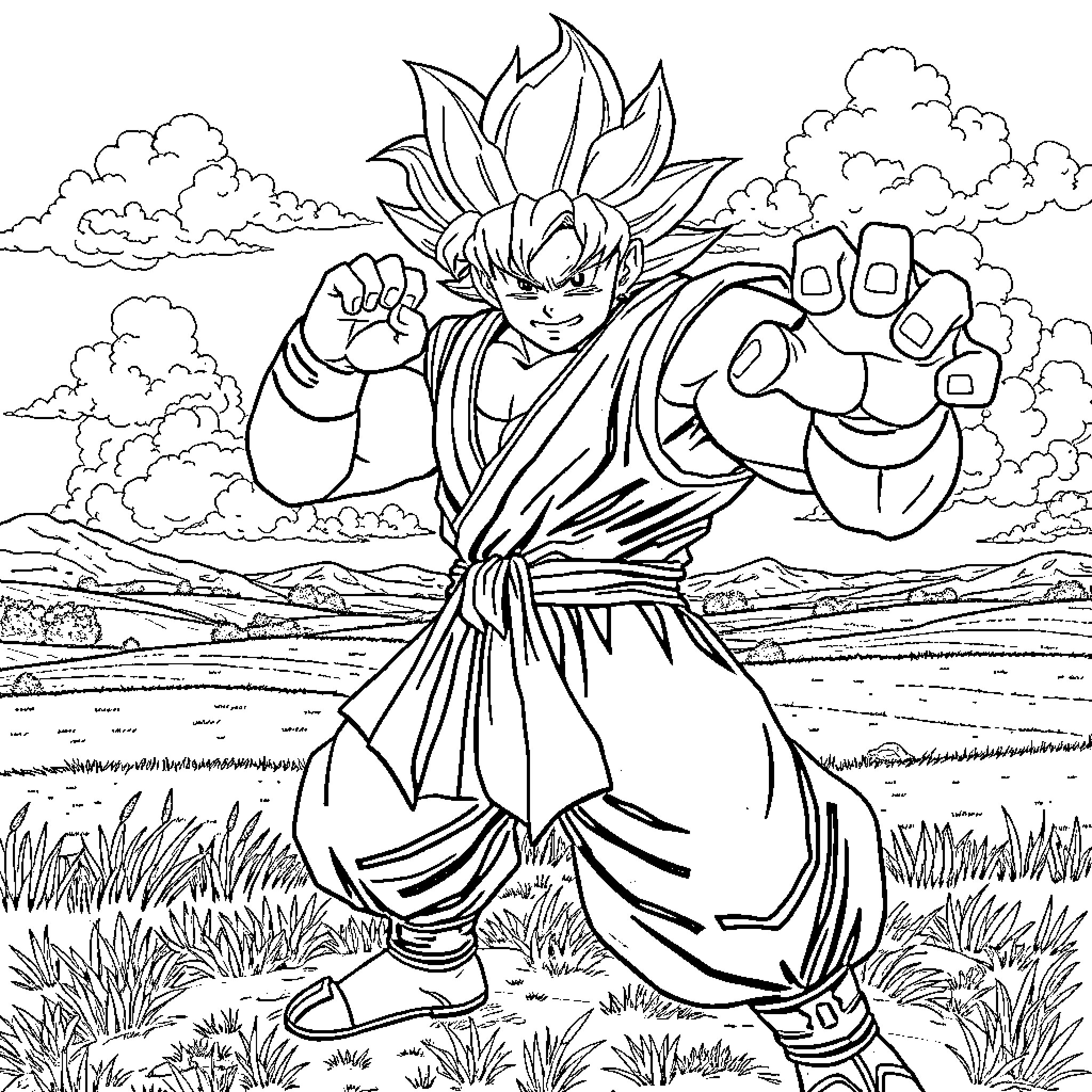 Sangoku: Determined Warrior Prepares for Battle in Scenic Landscape Coloring Page (free black-and-white line drawing printable PDF for all, from beginners to advanced learners, including children, teens, adults, and seniors)