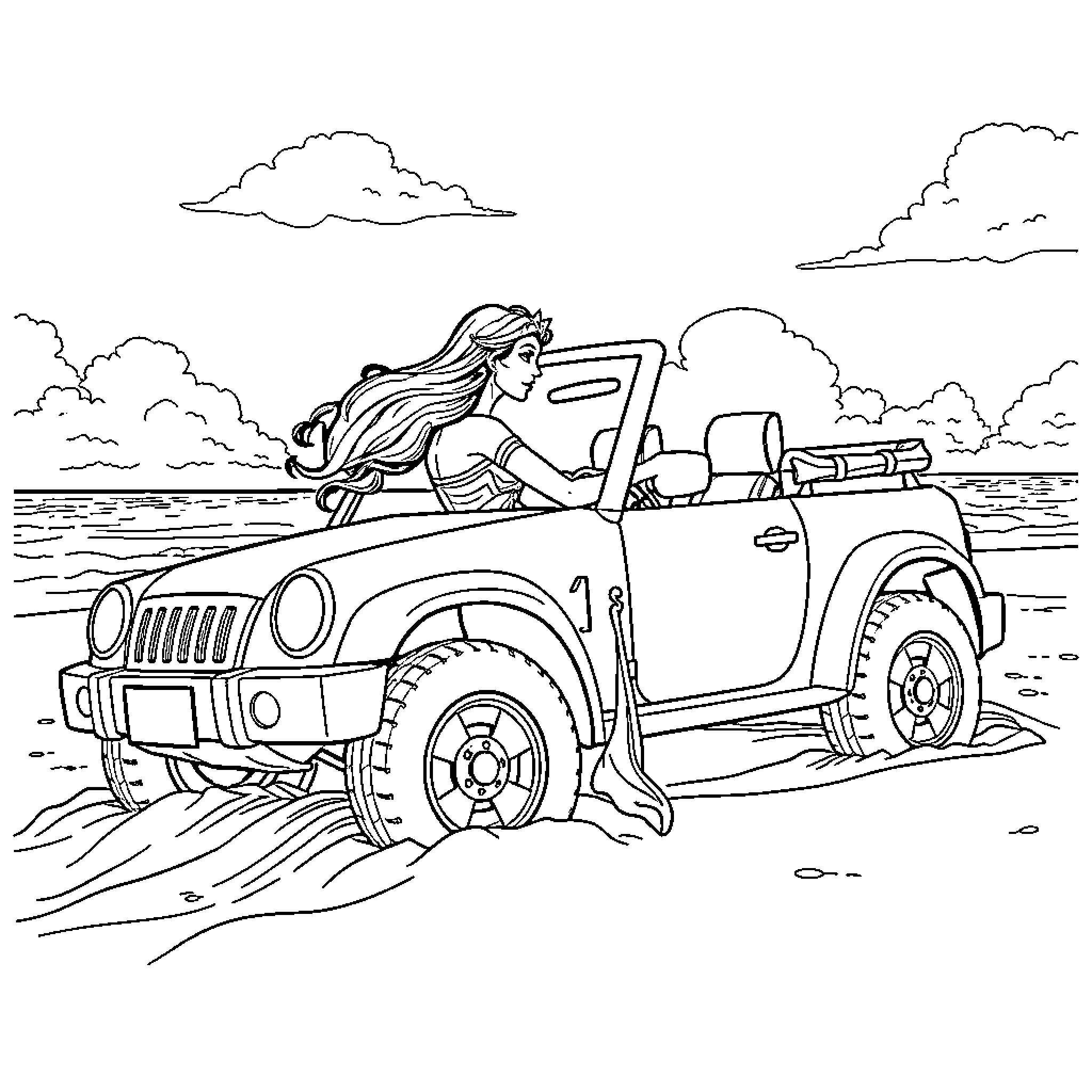 Wonder Woman drives adventurous off-road vehicle Coloring Page (free black-and-white line drawing printable PDF for all, from beginners to advanced learners, including children, teens, adults, and seniors)