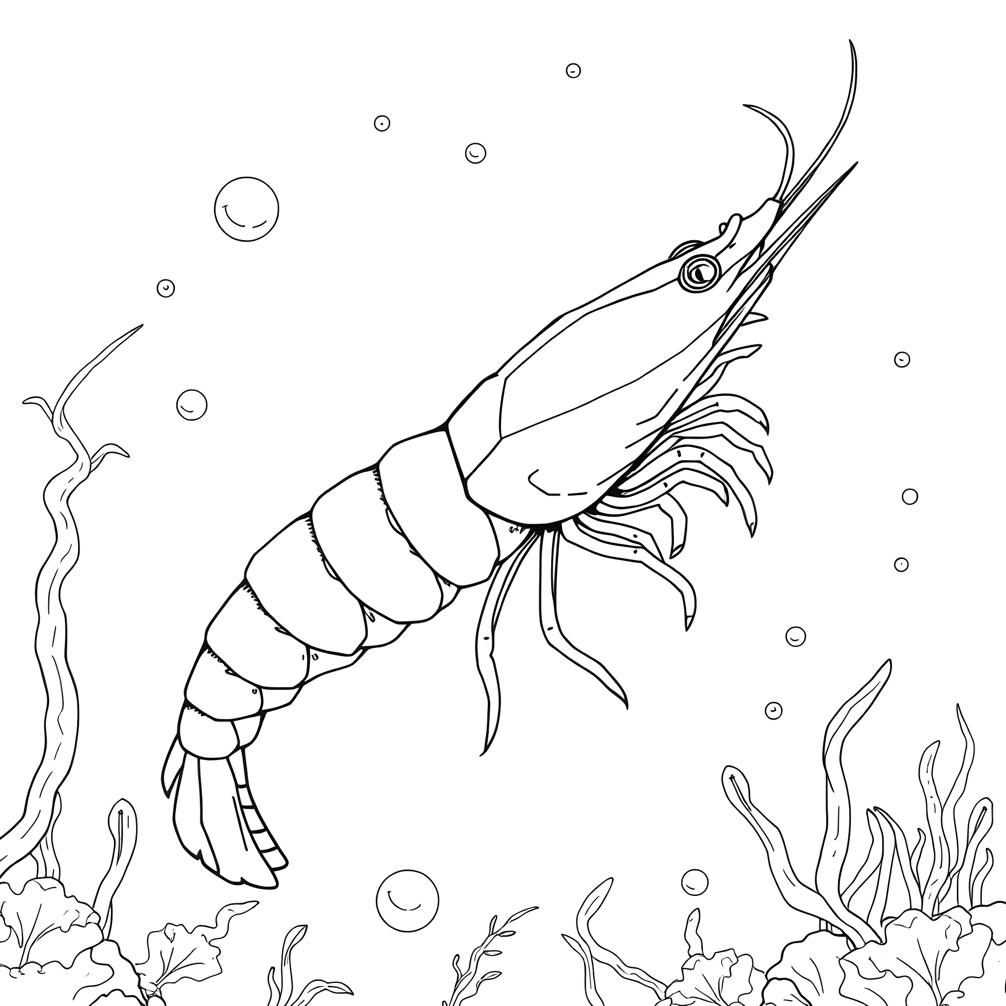 Shrimp swimming gracefully in the underwater scene Coloring Page (free black-and-white line drawing printable PDF for all, from beginners to advanced learners, including children, teens, adults, and seniors)