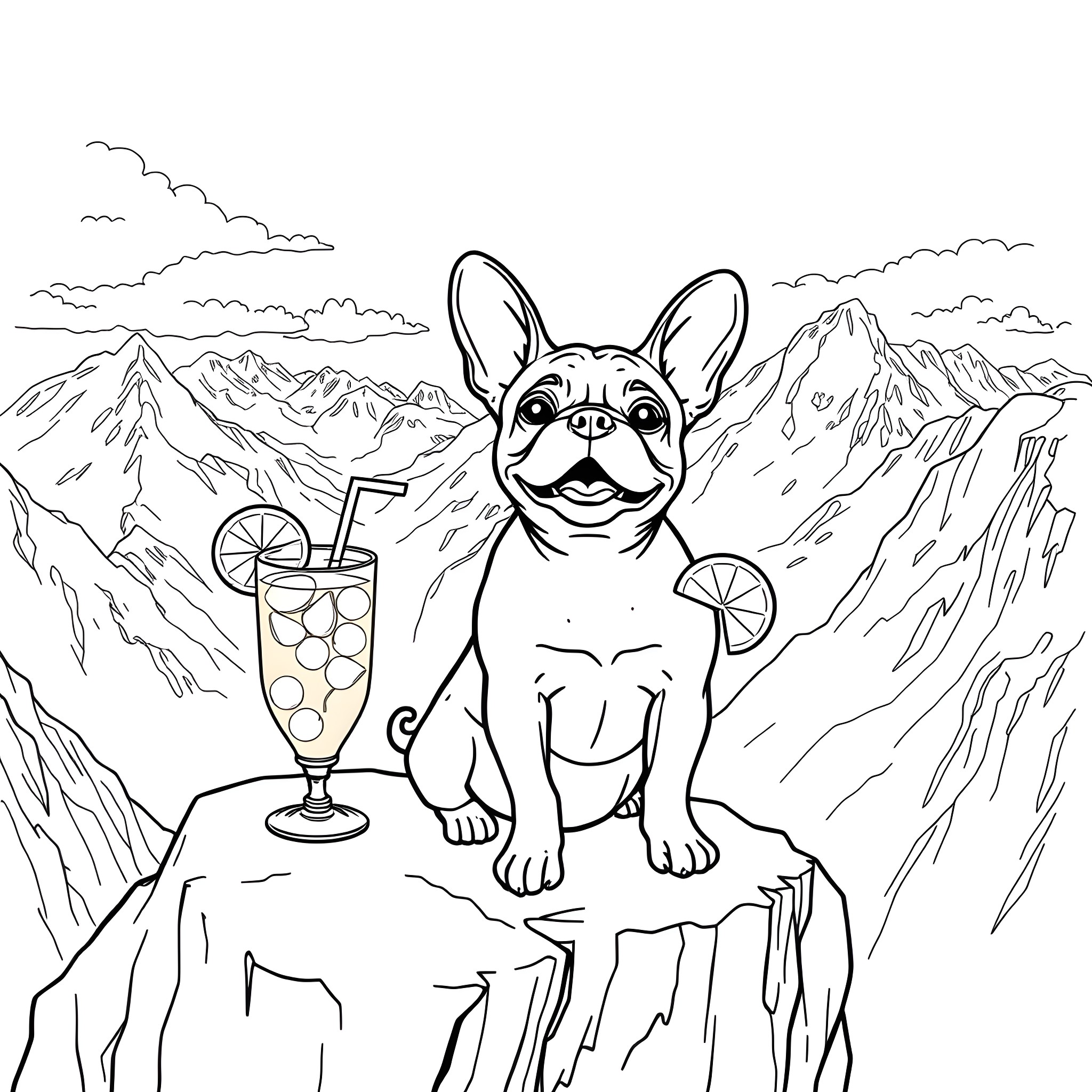 Frenchie enjoying a refreshing drink in the mountains Coloring Page (free black-and-white line drawing printable PDF for all, from beginners to advanced learners, including children, teens, adults, and seniors)