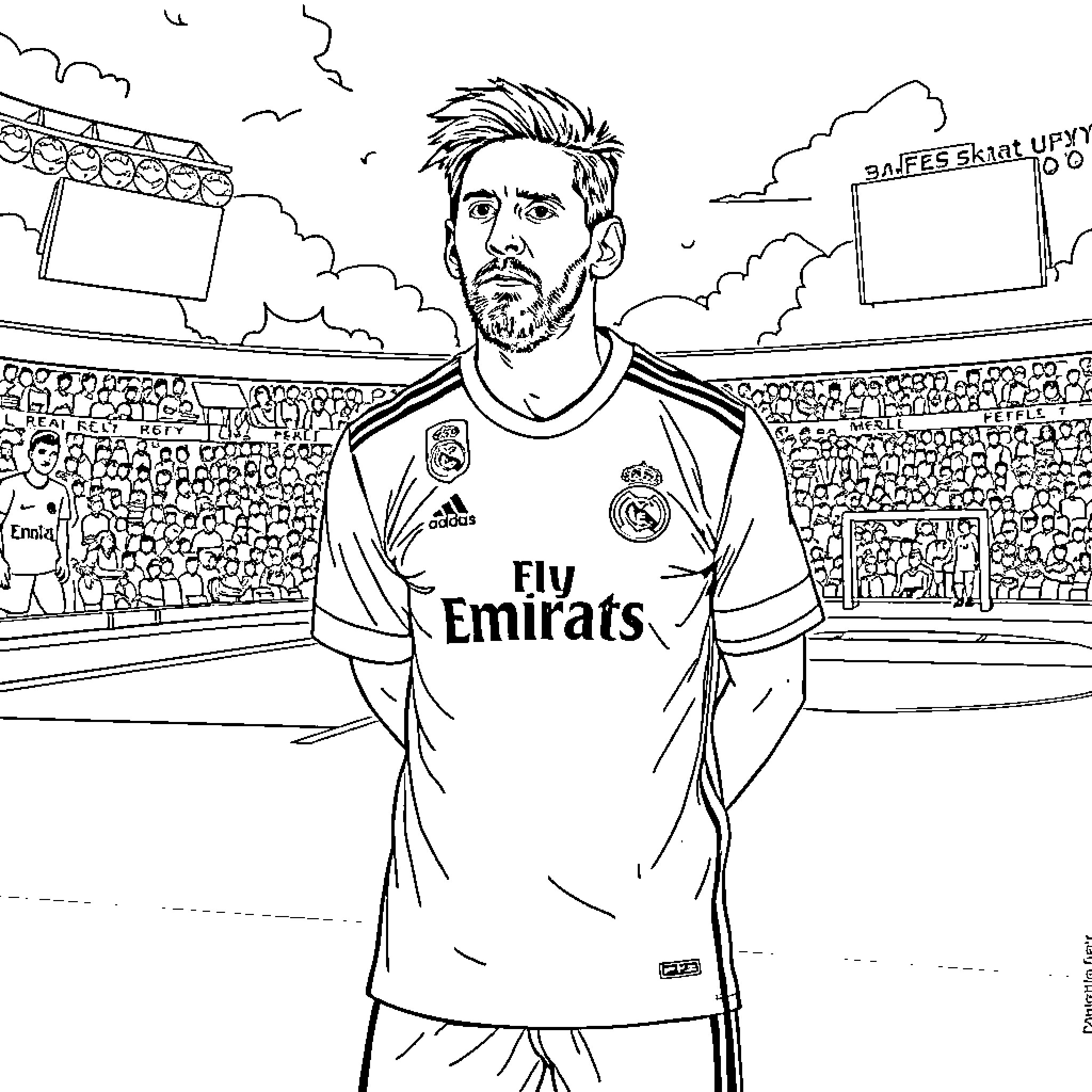 Messi on the field in Real Madrid kit Coloring Page (free black-and-white line drawing printable PDF for all, from beginners to advanced learners, including children, teens, adults, and seniors)