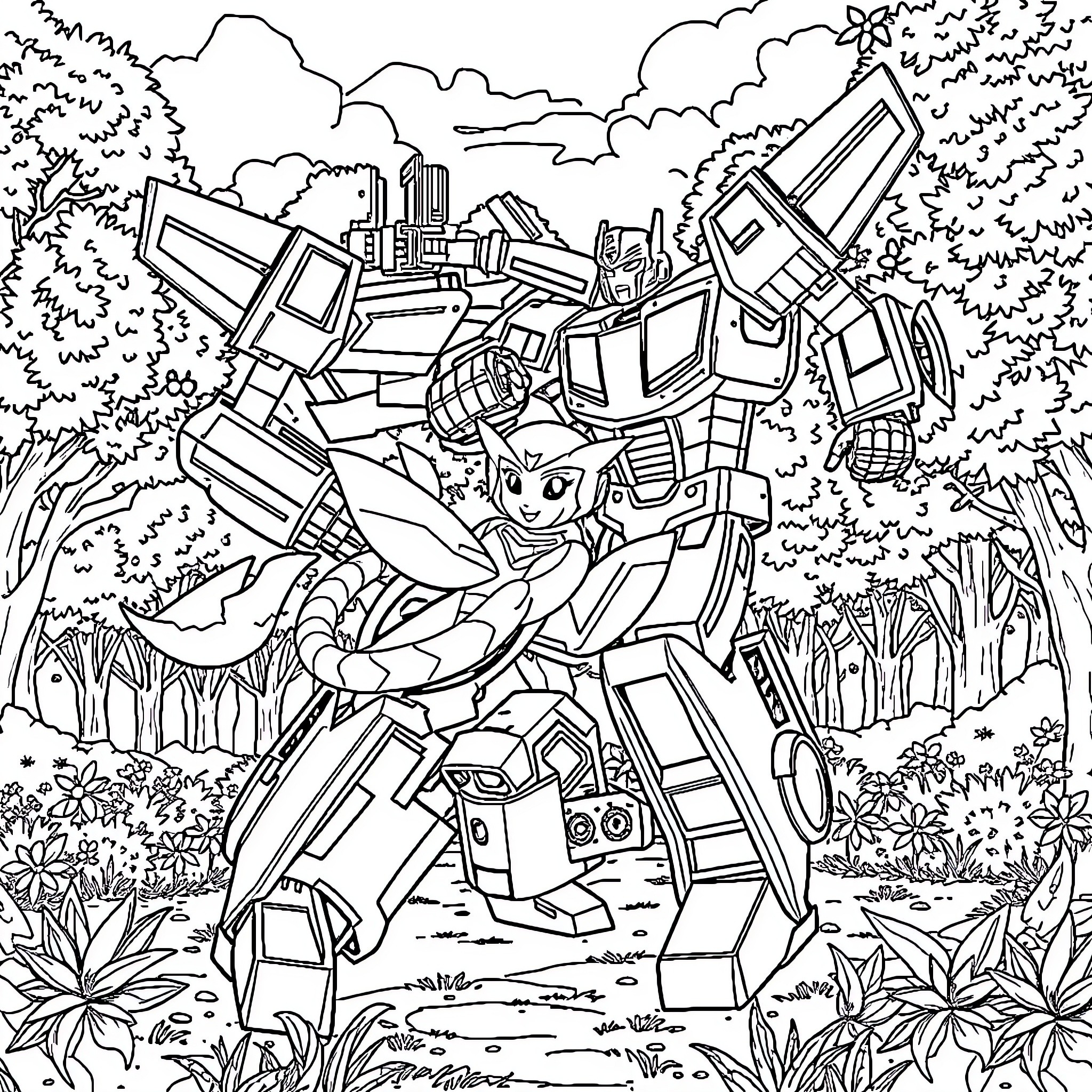 Bumblebee battling robots in a lush forest Coloring Page (free black-and-white line drawing printable PDF for all, from beginners to advanced learners, including children, teens, adults, and seniors)