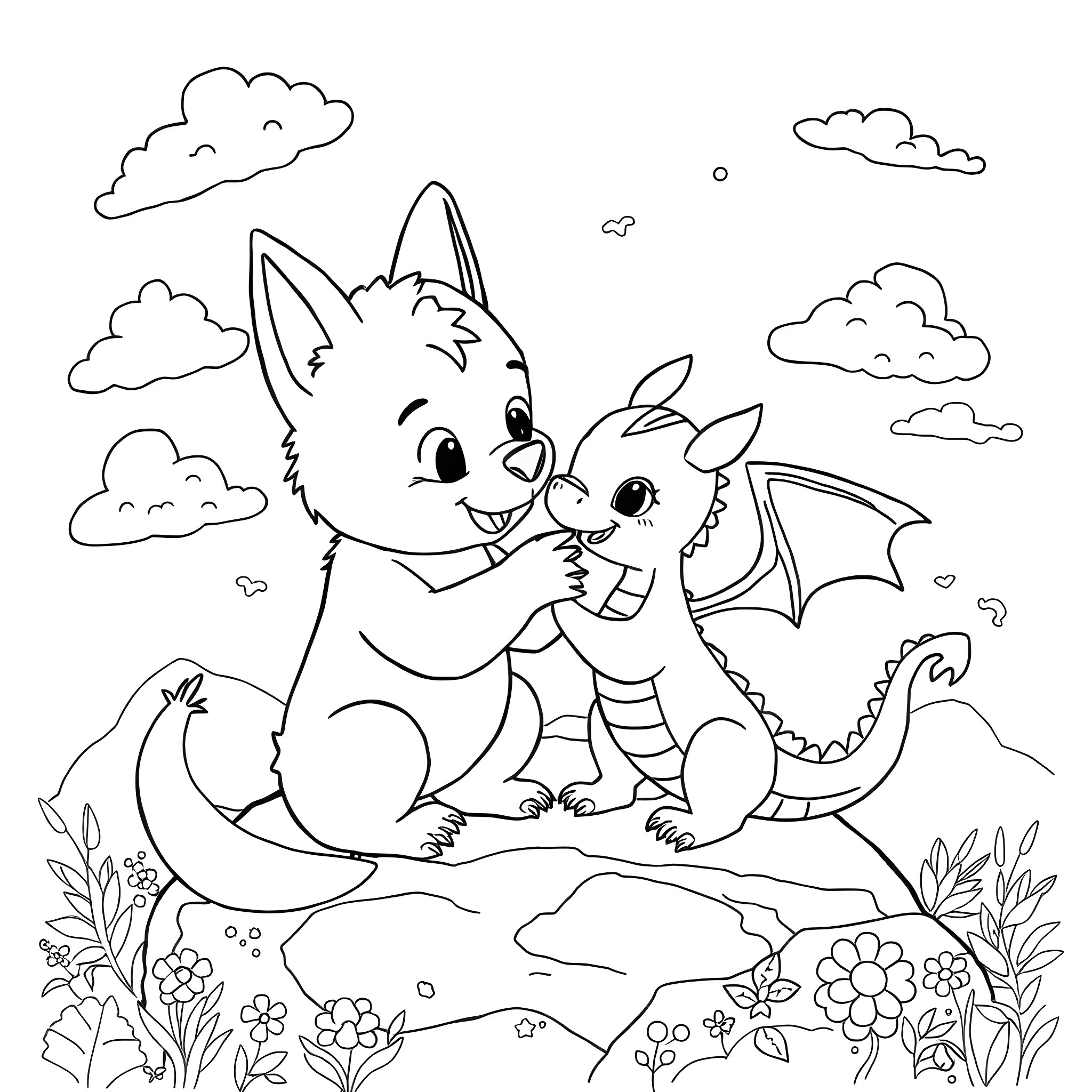 Staffy playing with a baby dragon in a floral meadow Coloring Page (free black-and-white line drawing printable PDF for all, from beginners to advanced learners, including children, teens, adults, and seniors)