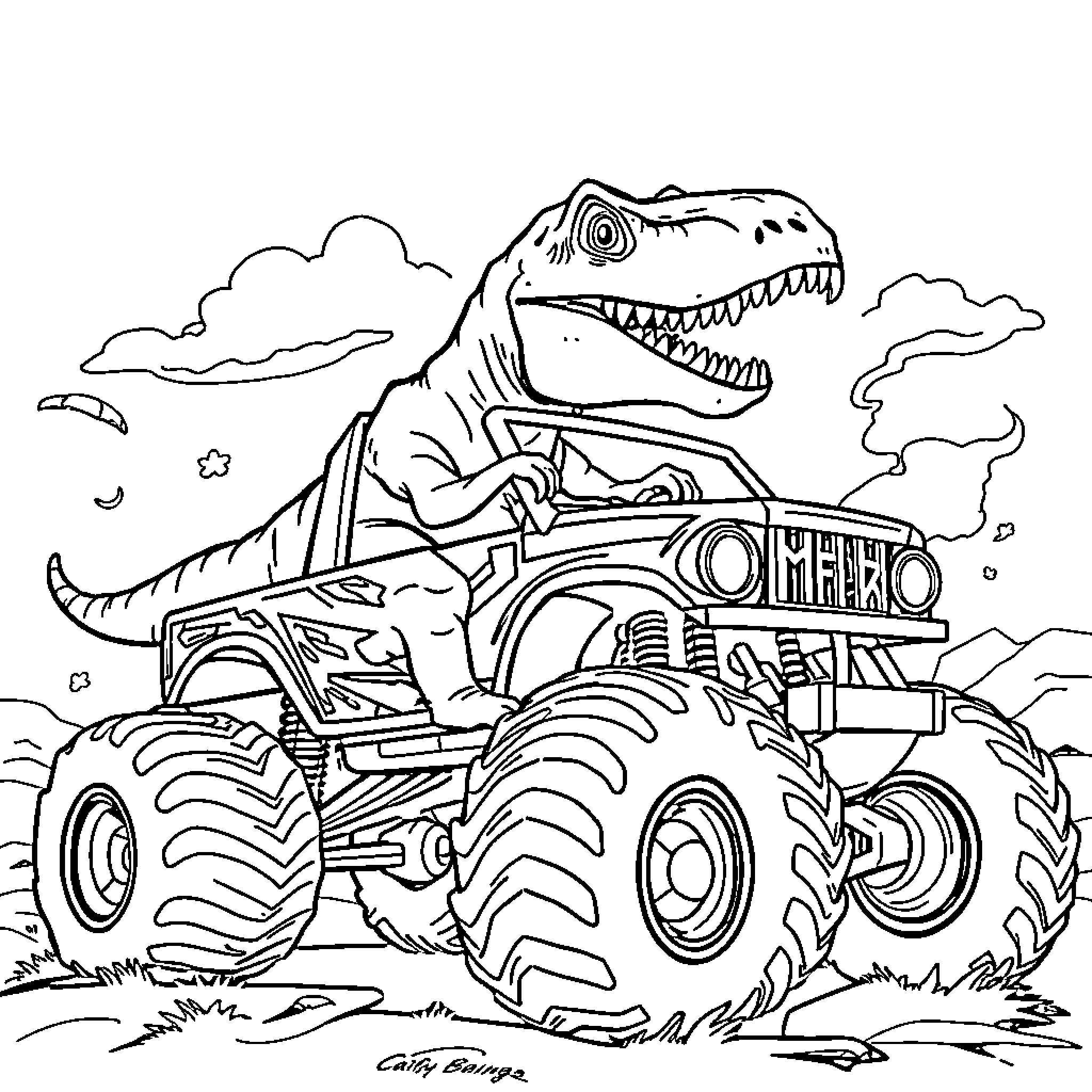 T-Rex driving a monstrous truck through the wilderness Coloring Page (free black-and-white line drawing printable PDF for all, from beginners to advanced learners, including children, teens, adults, and seniors)