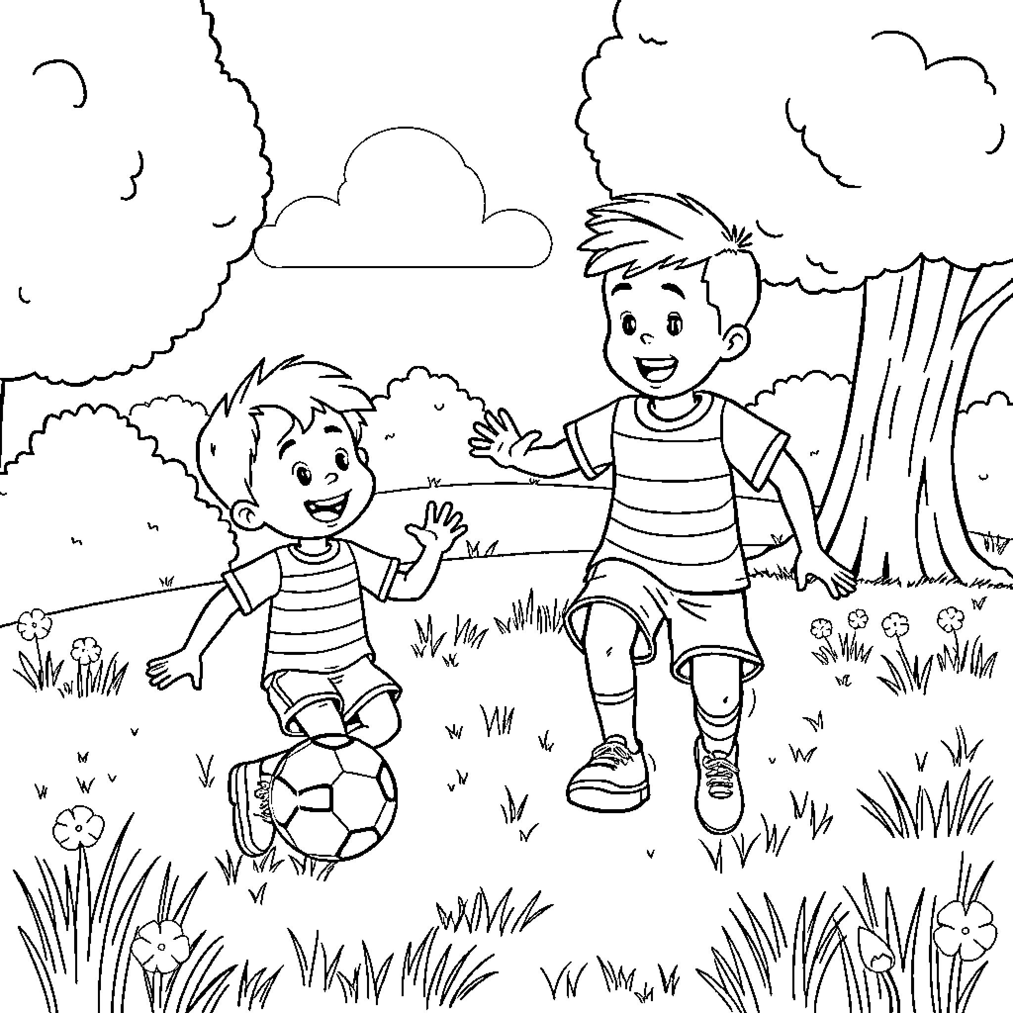 Ben and Holly playing happily with soccer ball in nature Coloring Page (free black-and-white line drawing printable PDF for all, from beginners to advanced learners, including children, teens, adults, and seniors)