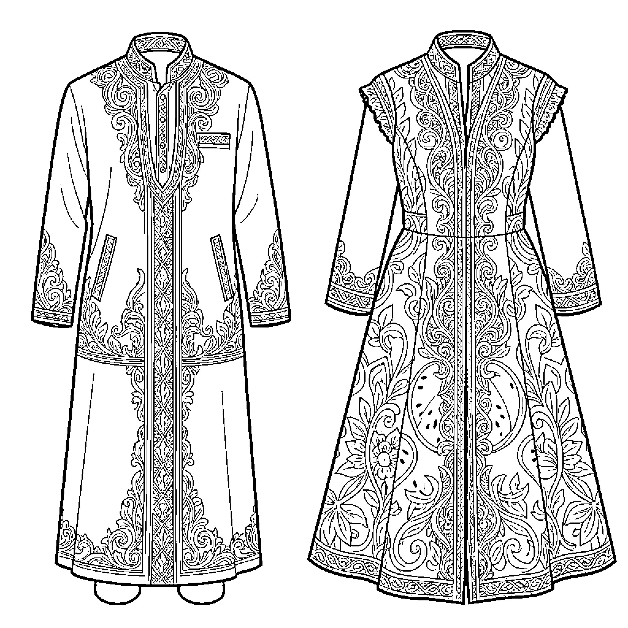 Men's Fashion: Detailed Traditional Attire Designs Coloring Page (free black-and-white line drawing printable PDF for all, from beginners to advanced learners, including children, teens, adults, and seniors)
