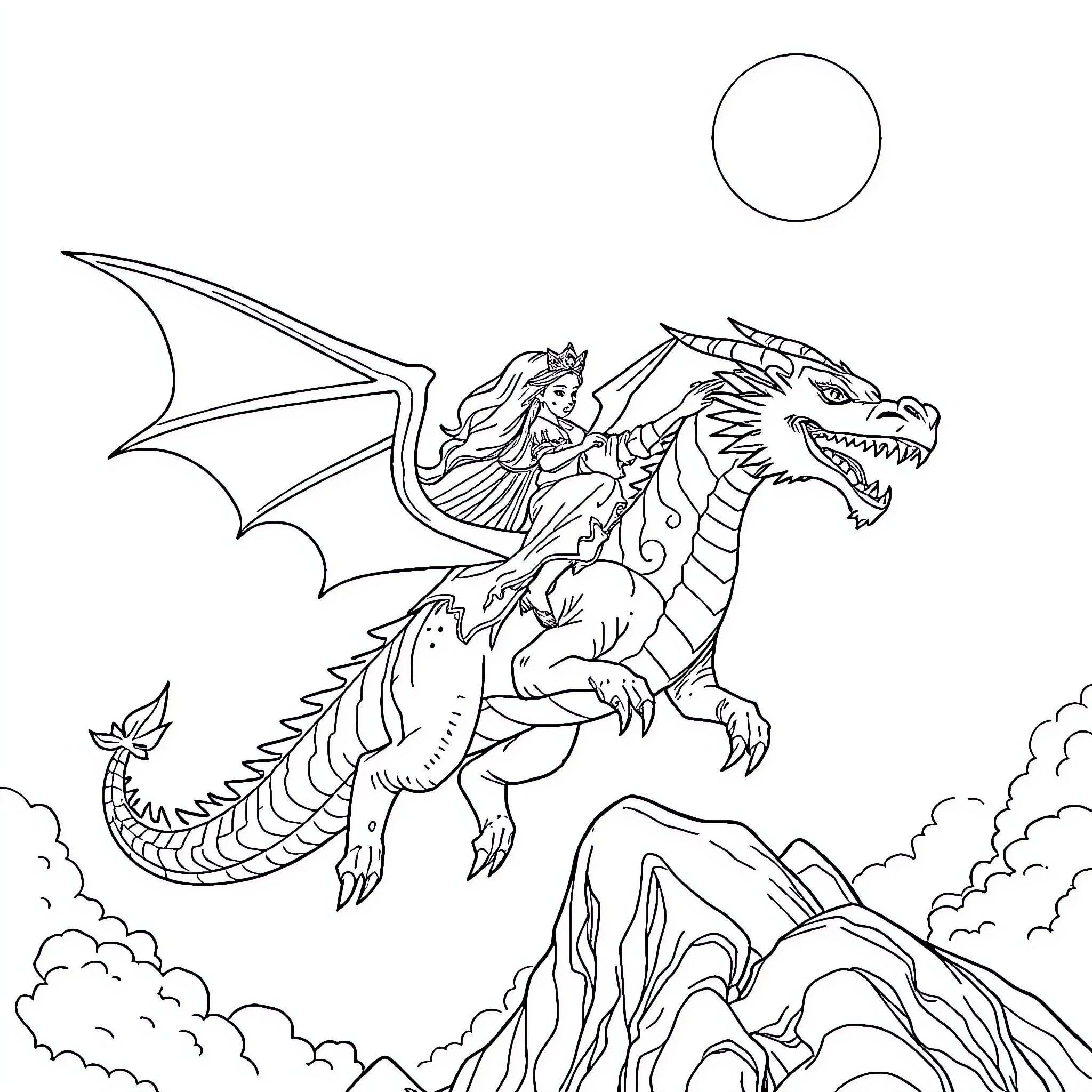 Princess soaring on the back of a mighty dragon Coloring Page (free black-and-white line drawing printable PDF for all, from beginners to advanced learners, including children, teens, adults, and seniors)