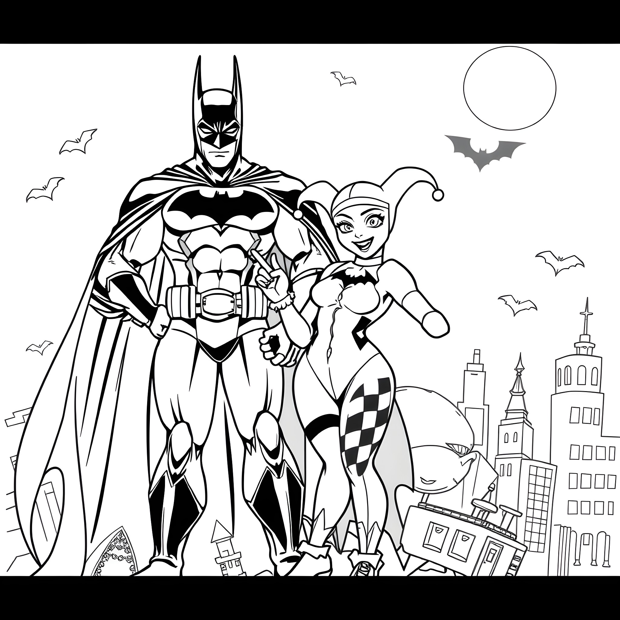 Batman and Harley Quinn in action on a dark night Coloring Page (free black-and-white line drawing printable PDF for all, from beginners to advanced learners, including children, teens, adults, and seniors)