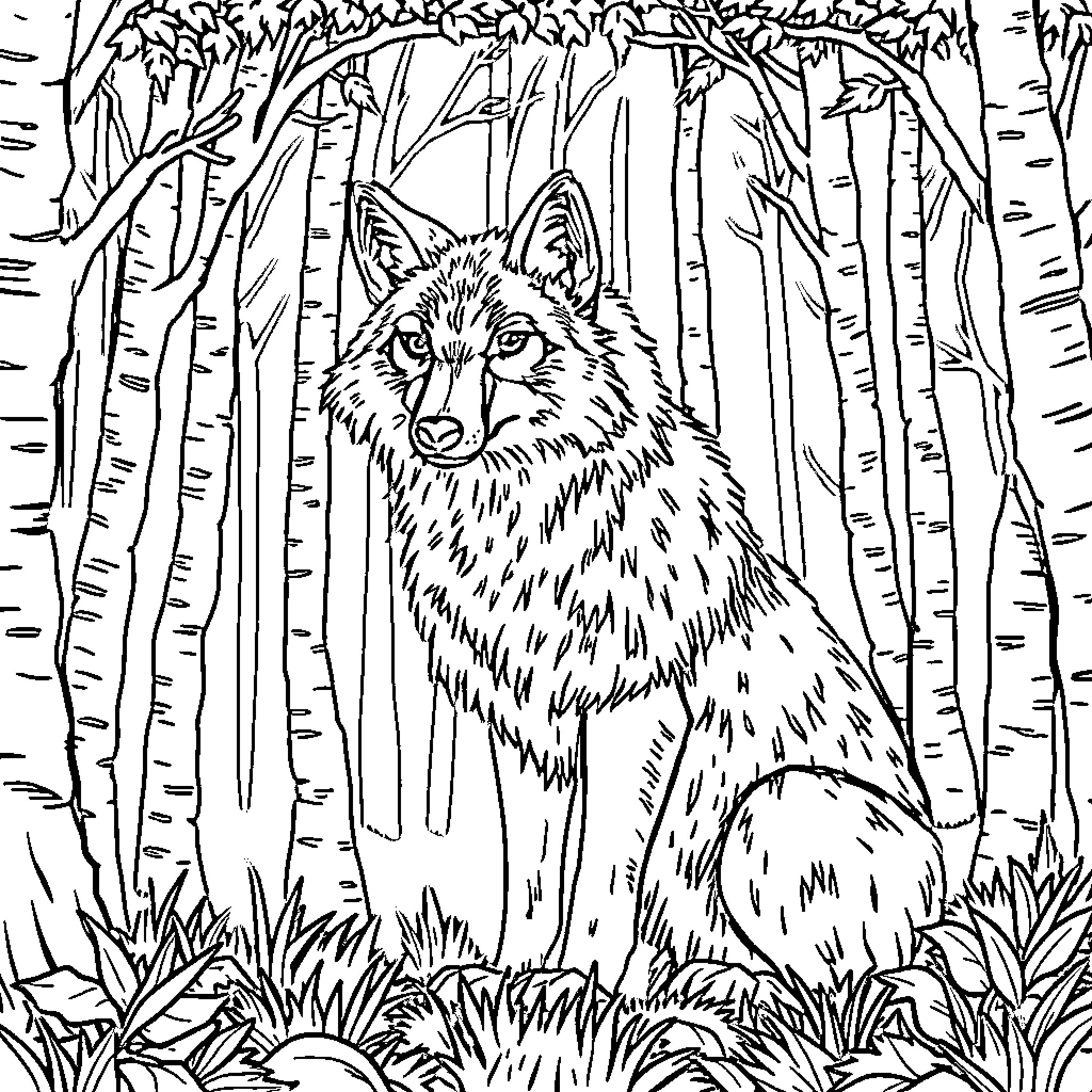 Wolf Observing the Forest Surroundings Coloring Page (free black-and-white line drawing printable PDF for all, from beginners to advanced learners, including children, teens, adults, and seniors)