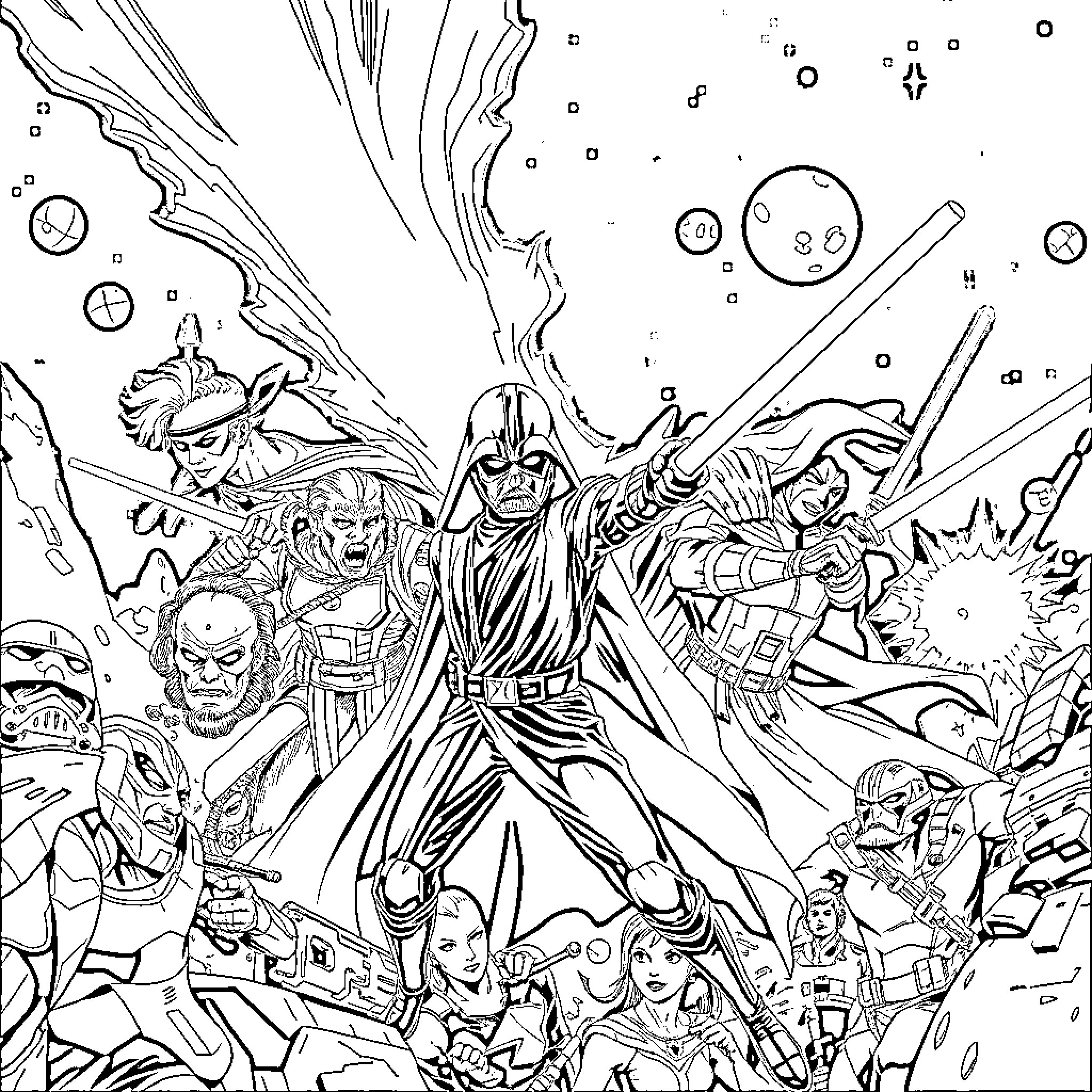 Star Wars: Epic Battle of Iconic Characters Coloring Page (free black-and-white line drawing printable PDF for all, from beginners to advanced learners, including children, teens, adults, and seniors)
