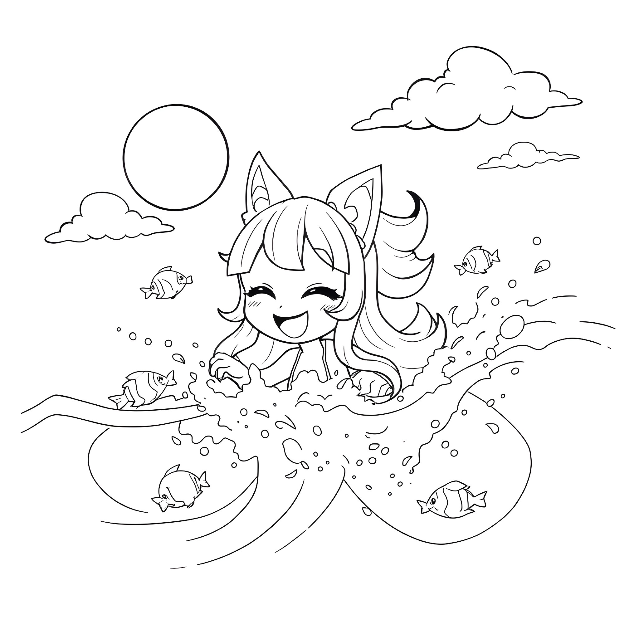 Kuromi playing happily in the ocean Coloring Page (free black-and-white line drawing printable PDF for all, from beginners to advanced learners, including children, teens, adults, and seniors)