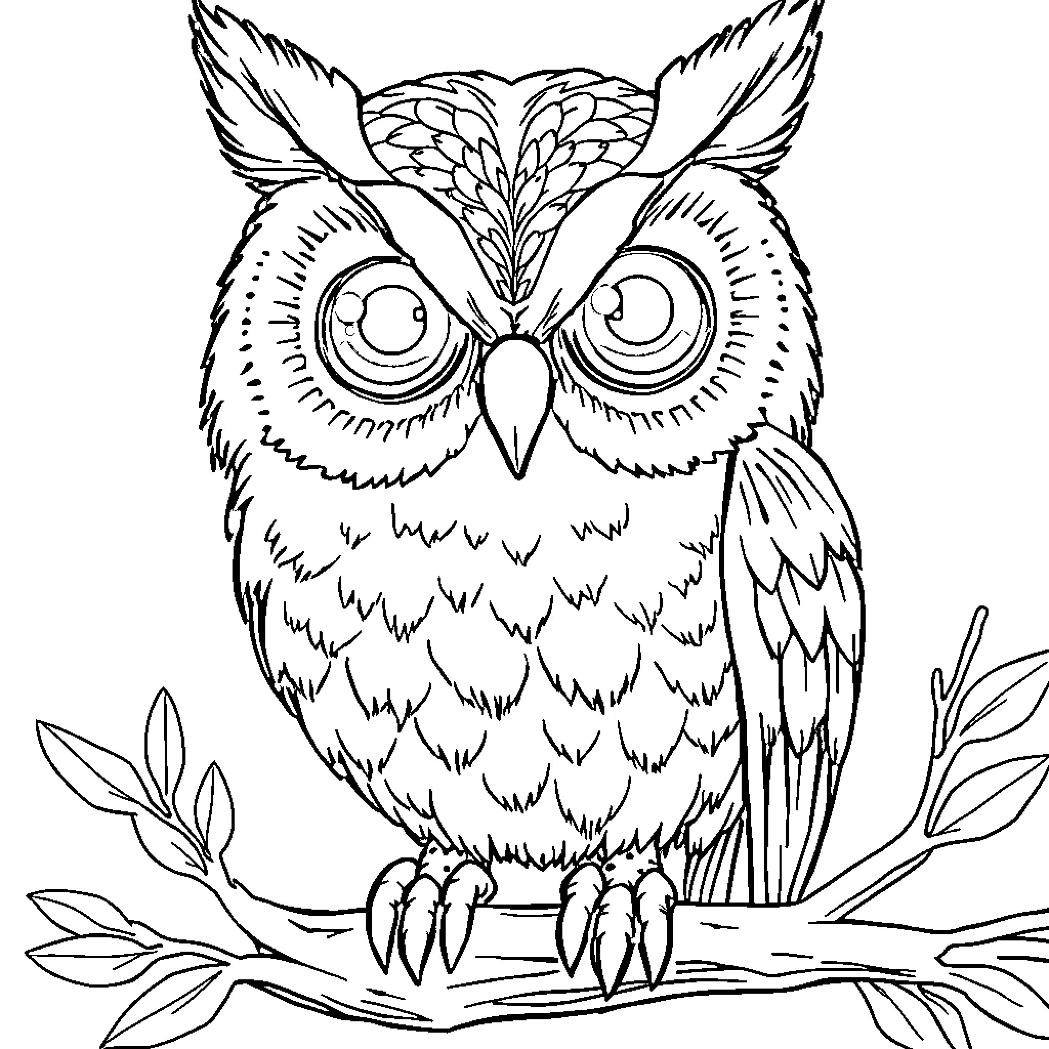 Owl perched on branch with detailed feathers Coloring Page (free black-and-white line drawing printable PDF for all, from beginners to advanced learners, including children, teens, adults, and seniors)
