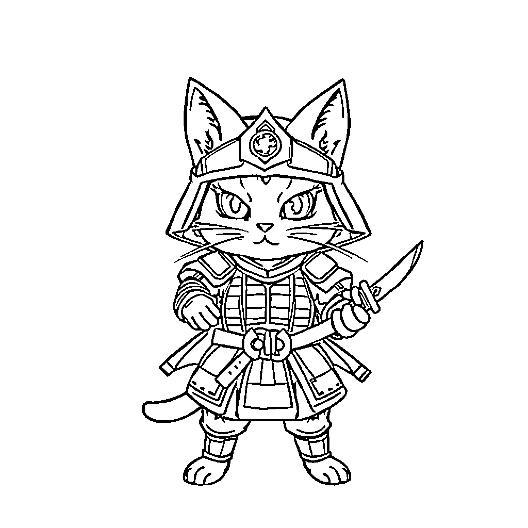 Samurai Cat with Sword Drawn in Battle Stance Coloring Page (free black-and-white line drawing printable PDF for all, from beginners to advanced learners, including children, teens, adults, and seniors)