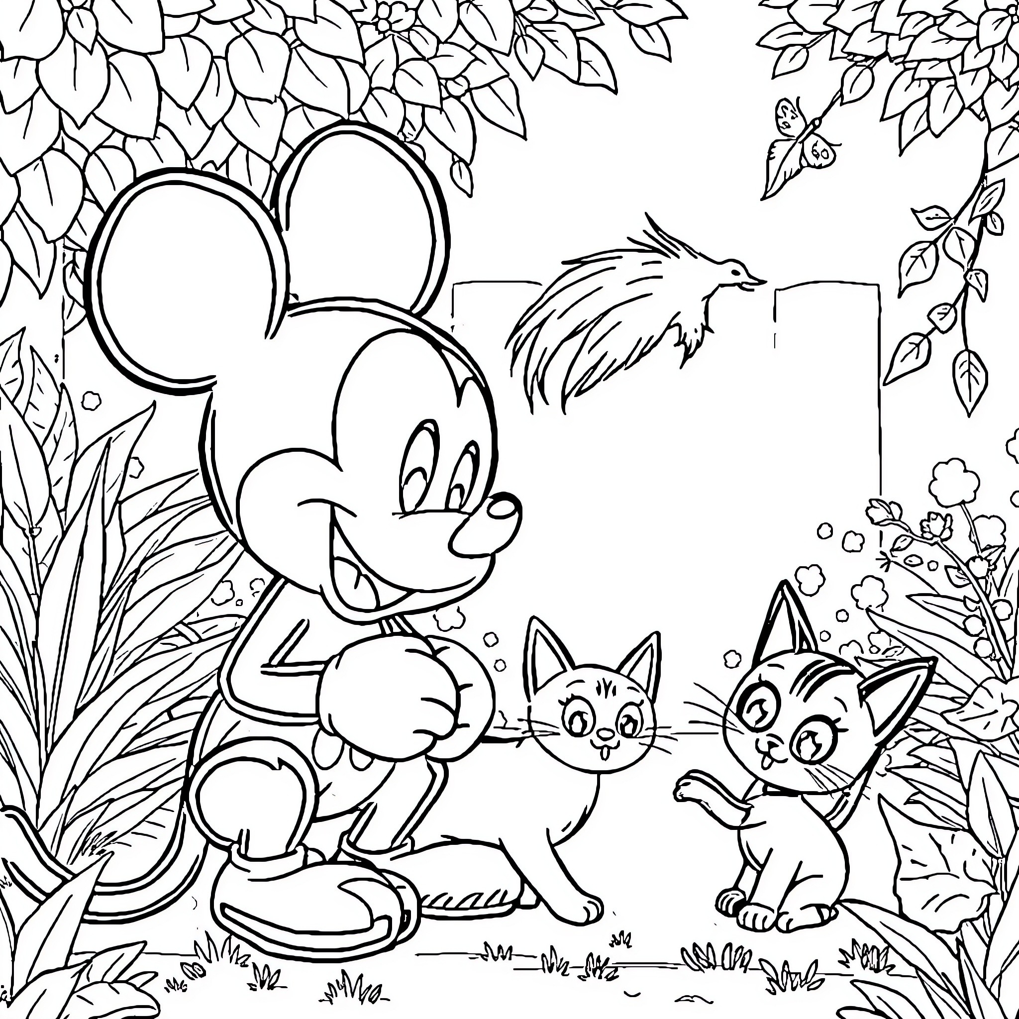 Mickey's Outdoor Adventure with Forest Friends Coloring Page (free black-and-white line drawing printable PDF for all, from beginners to advanced learners, including children, teens, adults, and seniors)
