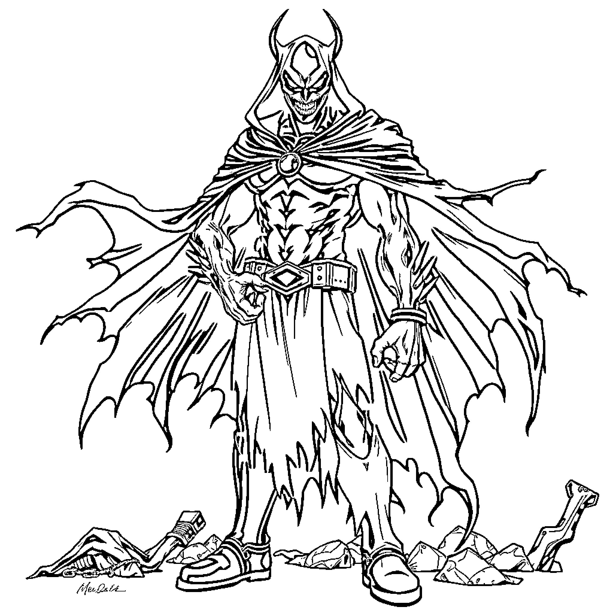 Spawn unleashing his demonic power Coloring Page (free black-and-white line drawing printable PDF for all, from beginners to advanced learners, including children, teens, adults, and seniors)