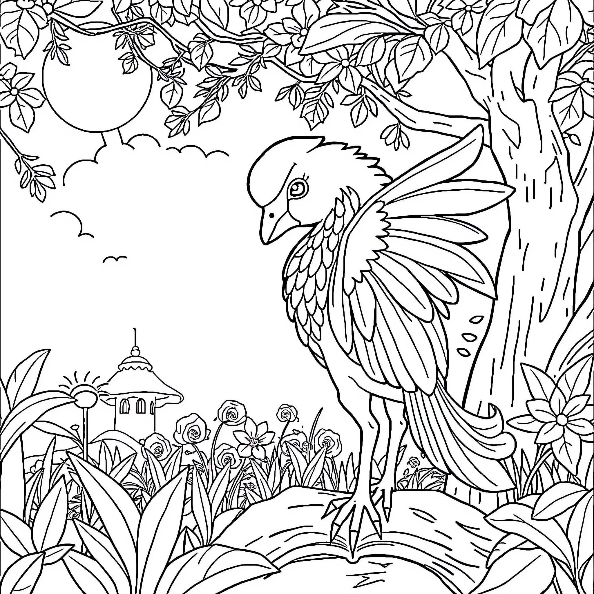 Animal enjoying nature in a garden setting Coloring Page (free black-and-white line drawing printable PDF for all, from beginners to advanced learners, including children, teens, adults, and seniors)